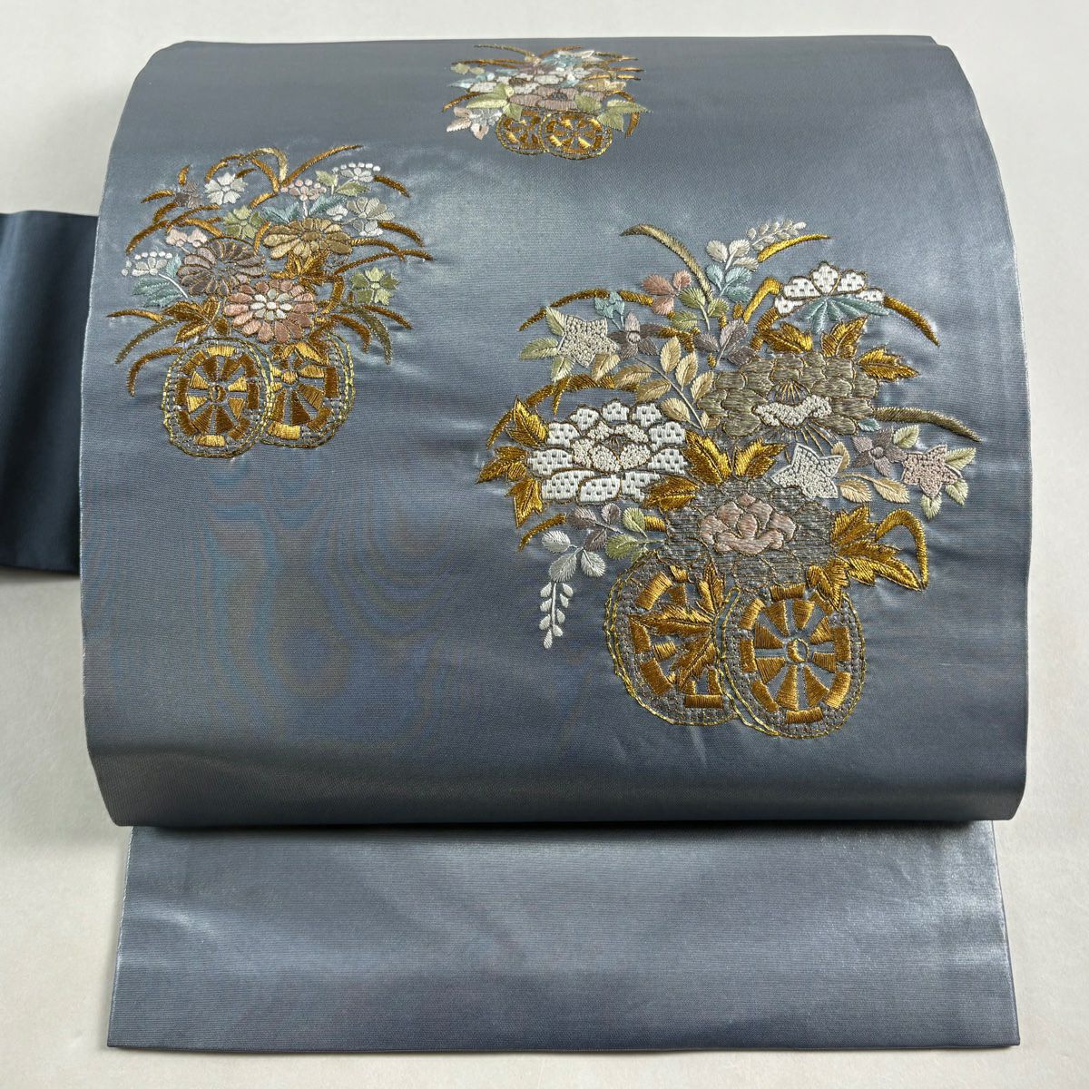 名古屋帶 秀品級 花車 金絲 刺繡 青灰 純蠶絲