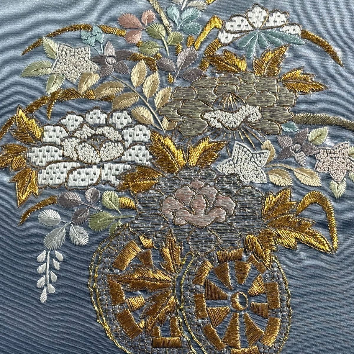 名古屋帶 秀品級 花車 金絲 刺繡 青灰 純蠶絲