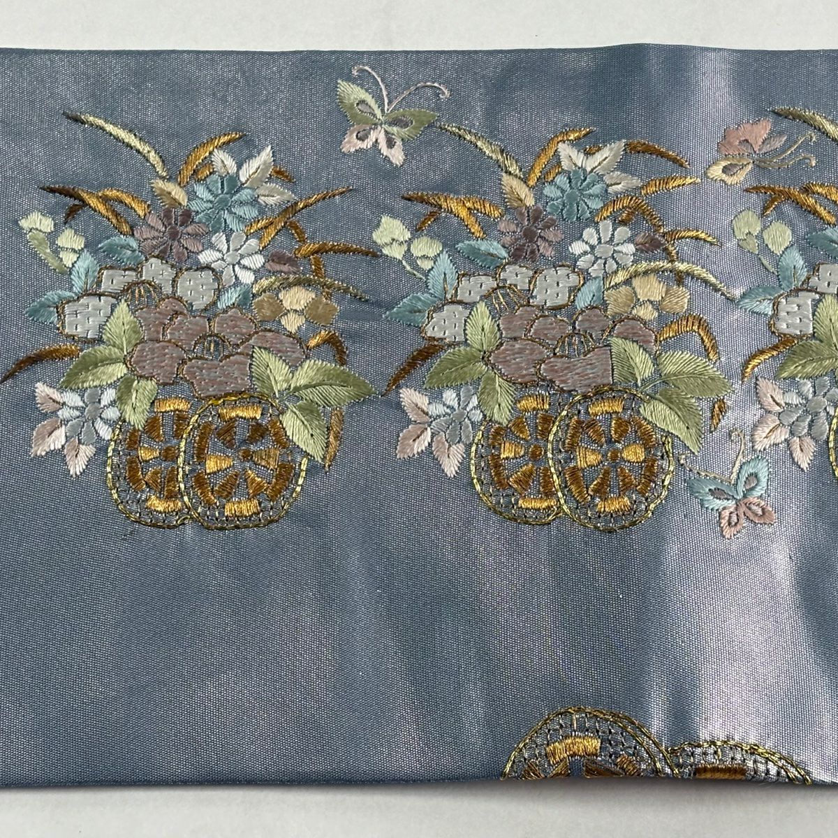 名古屋帶 秀品級 花車 金絲 刺繡 青灰 純蠶絲