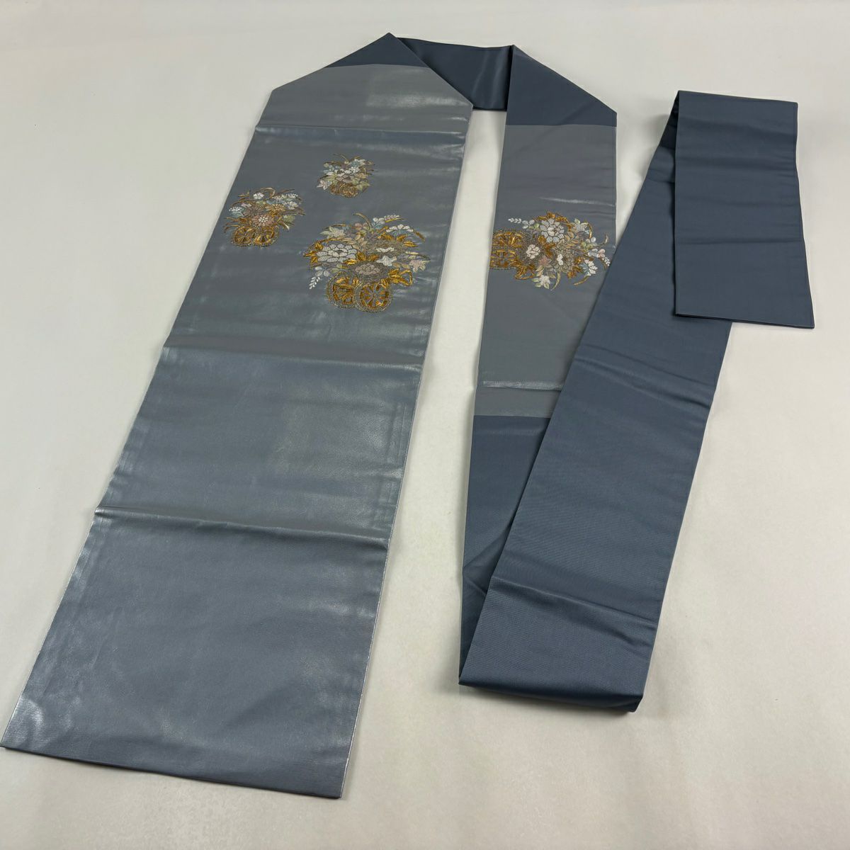 名古屋帶 秀品級 花車 金絲 刺繡 青灰 純蠶絲