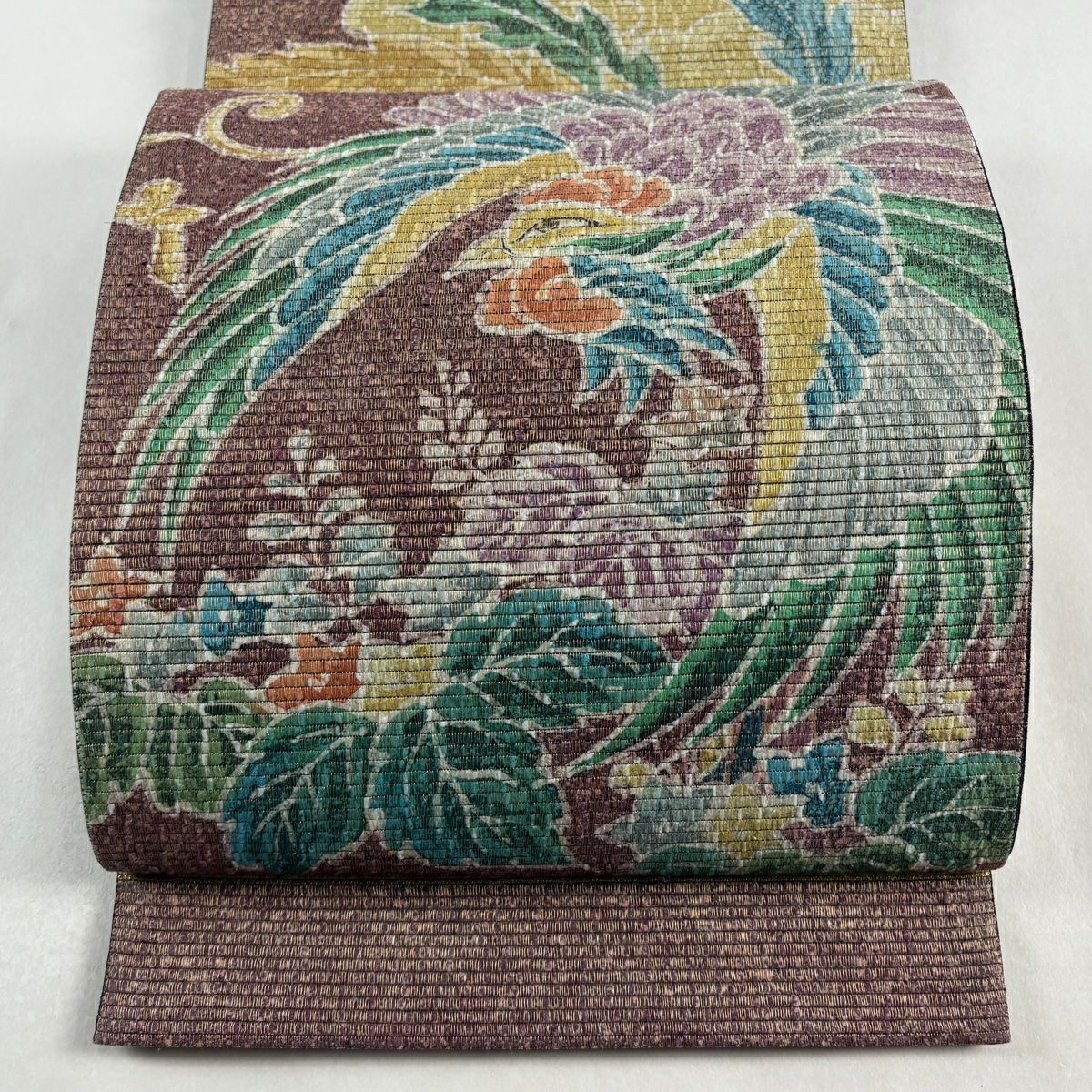 袋帶 秀品級 附有落款 鳥 草花紋 金絲 紅紫 お太鼓圖案 純蠶絲