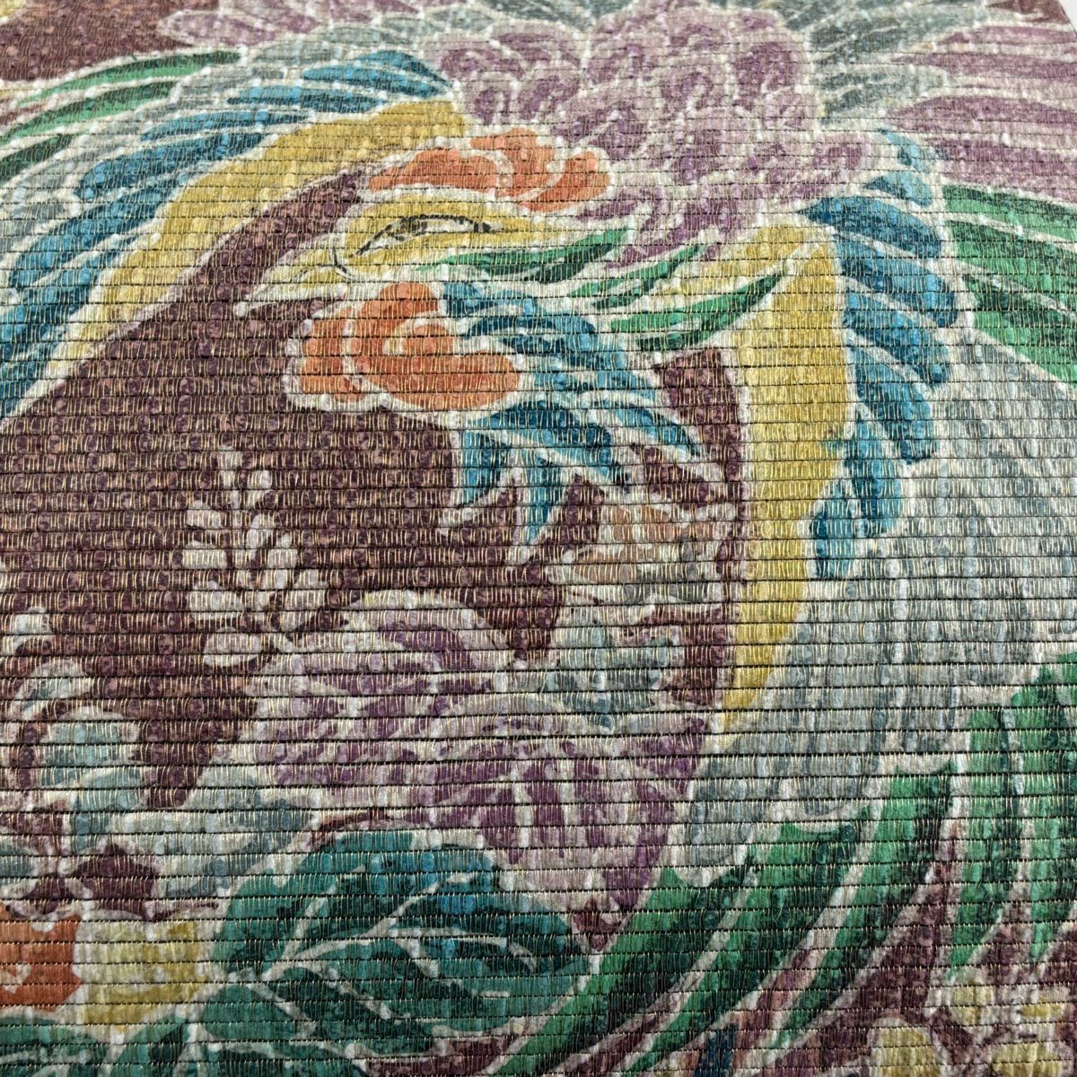 袋帶 秀品級 附有落款 鳥 草花紋 金絲 紅紫 お太鼓圖案 純蠶絲