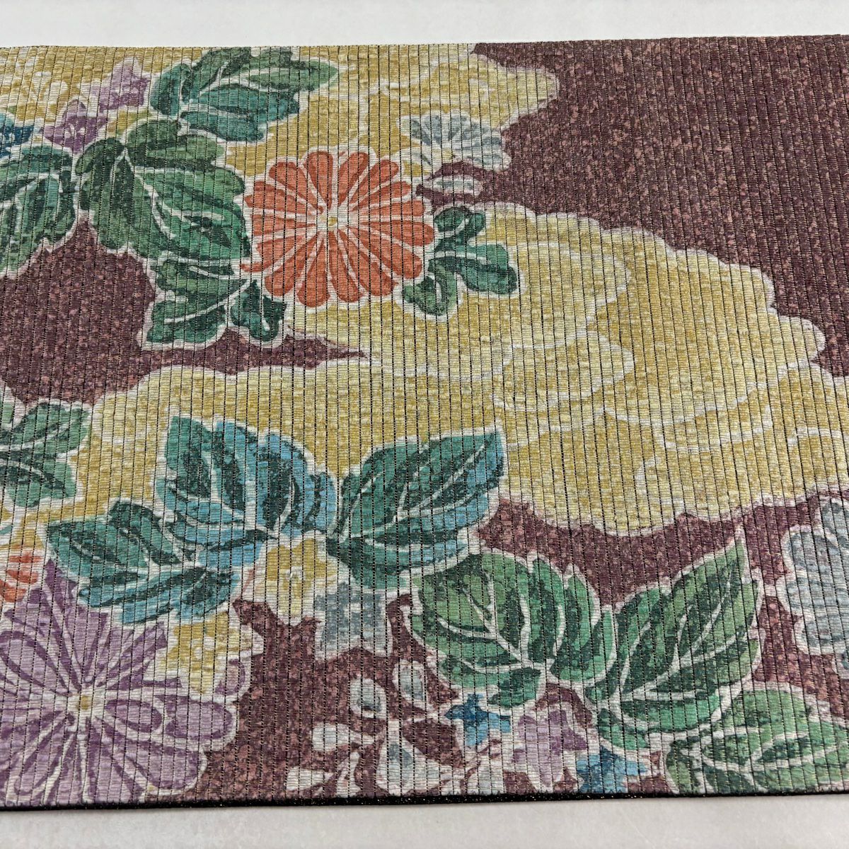 袋帶 秀品級 附有落款 鳥 草花紋 金絲 紅紫 お太鼓圖案 純蠶絲