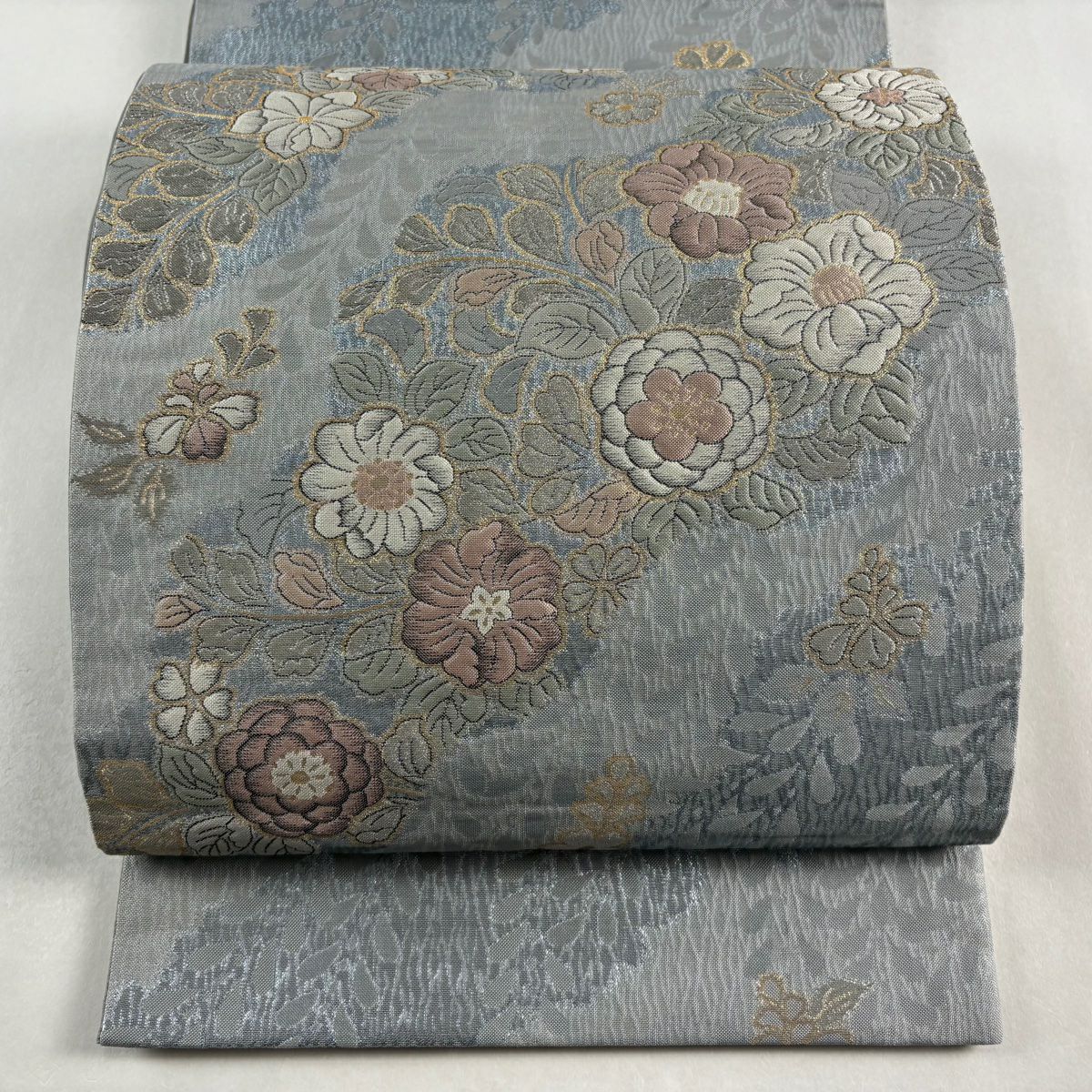 【美品】 袋帶 秀品級 草花紋紋 金金箔 青灰 純蠶絲