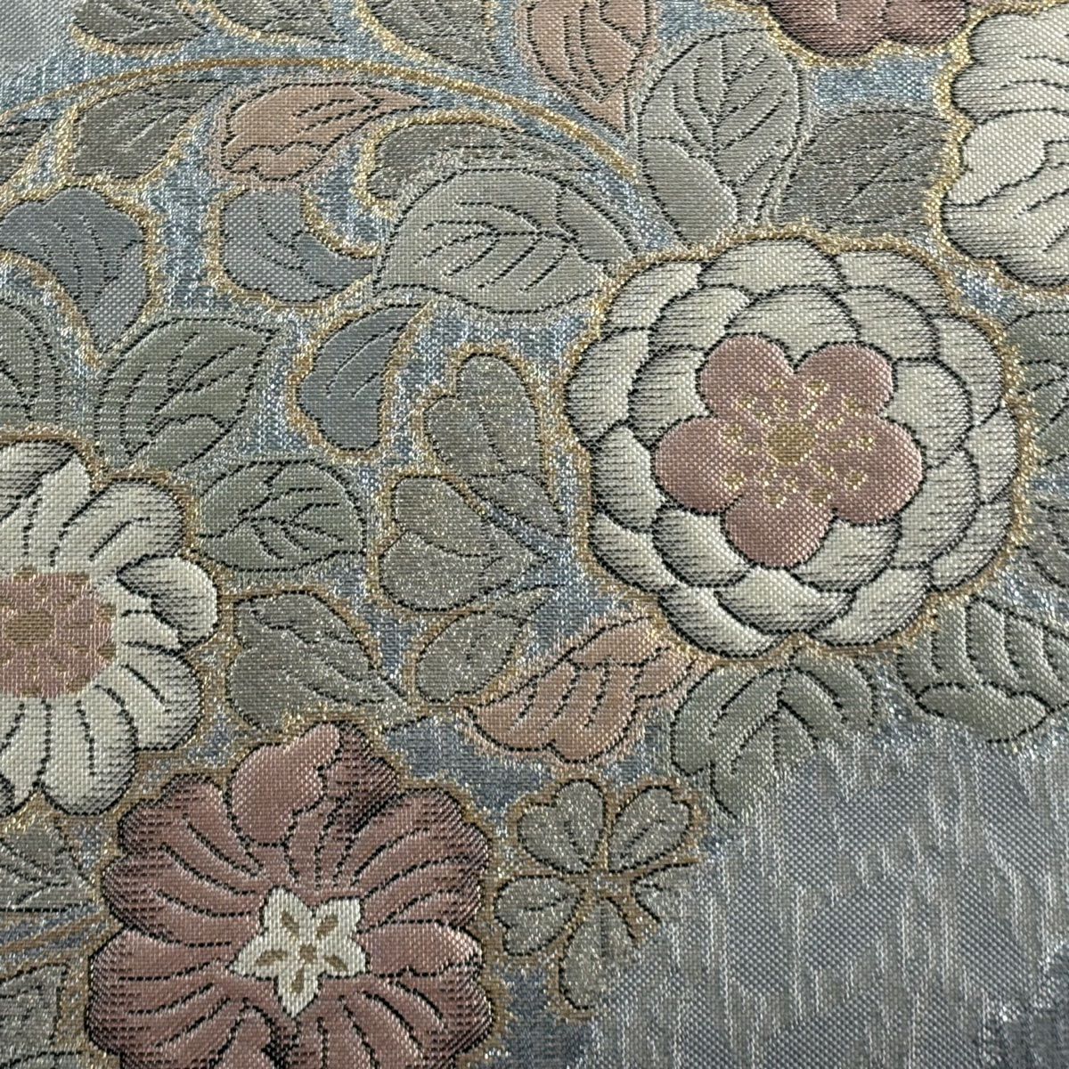 【美品】 袋帶 秀品級 草花紋紋 金金箔 青灰 純蠶絲