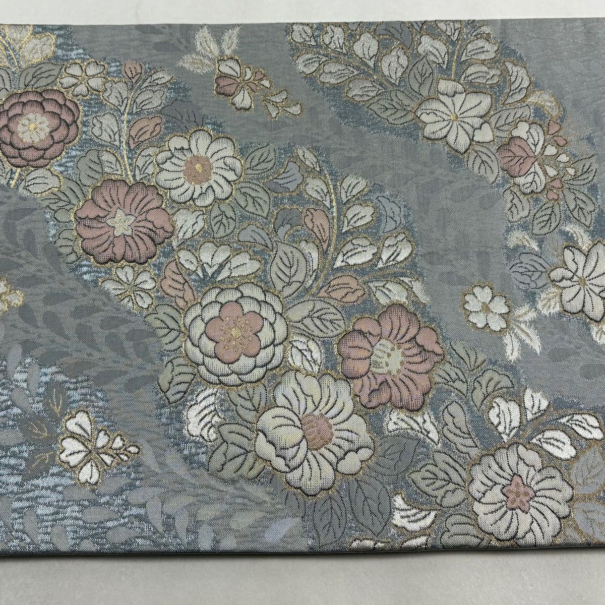 【美品】 袋帶 秀品級 草花紋紋 金金箔 青灰 純蠶絲