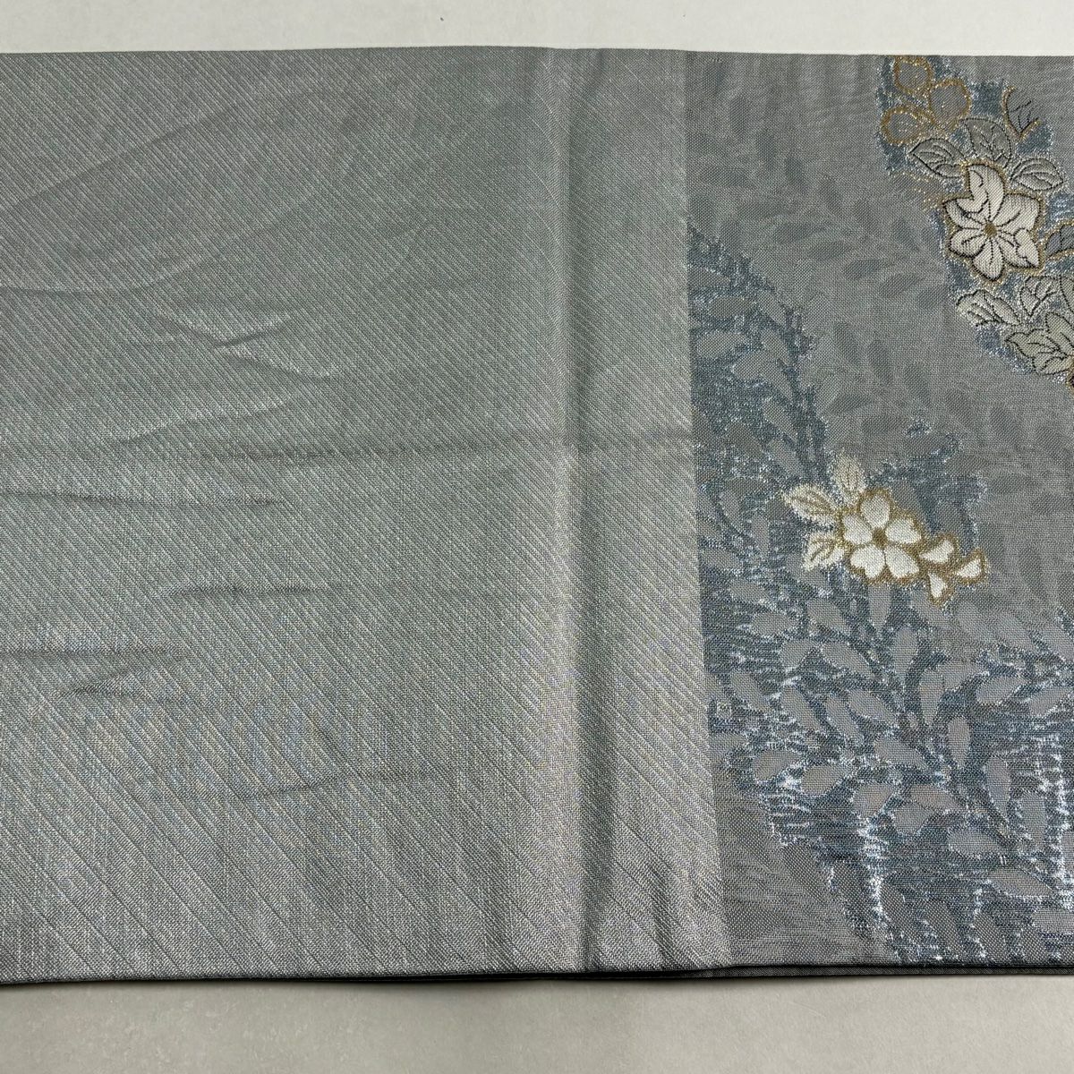 【美品】 袋帶 秀品級 草花紋紋 金金箔 青灰 純蠶絲