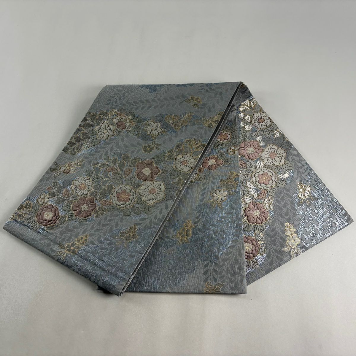 【美品】 袋帶 秀品級 草花紋紋 金金箔 青灰 純蠶絲