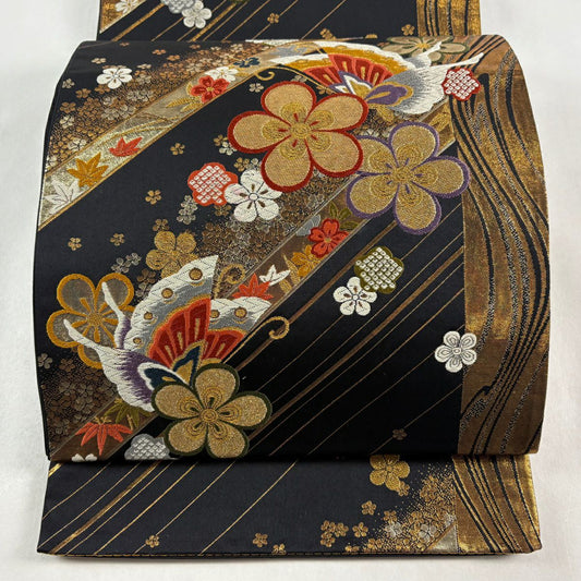 袋帶 秀品級 關西仕立 雛蝶 花 金金箔 金絲 黑 六通 純蠶絲