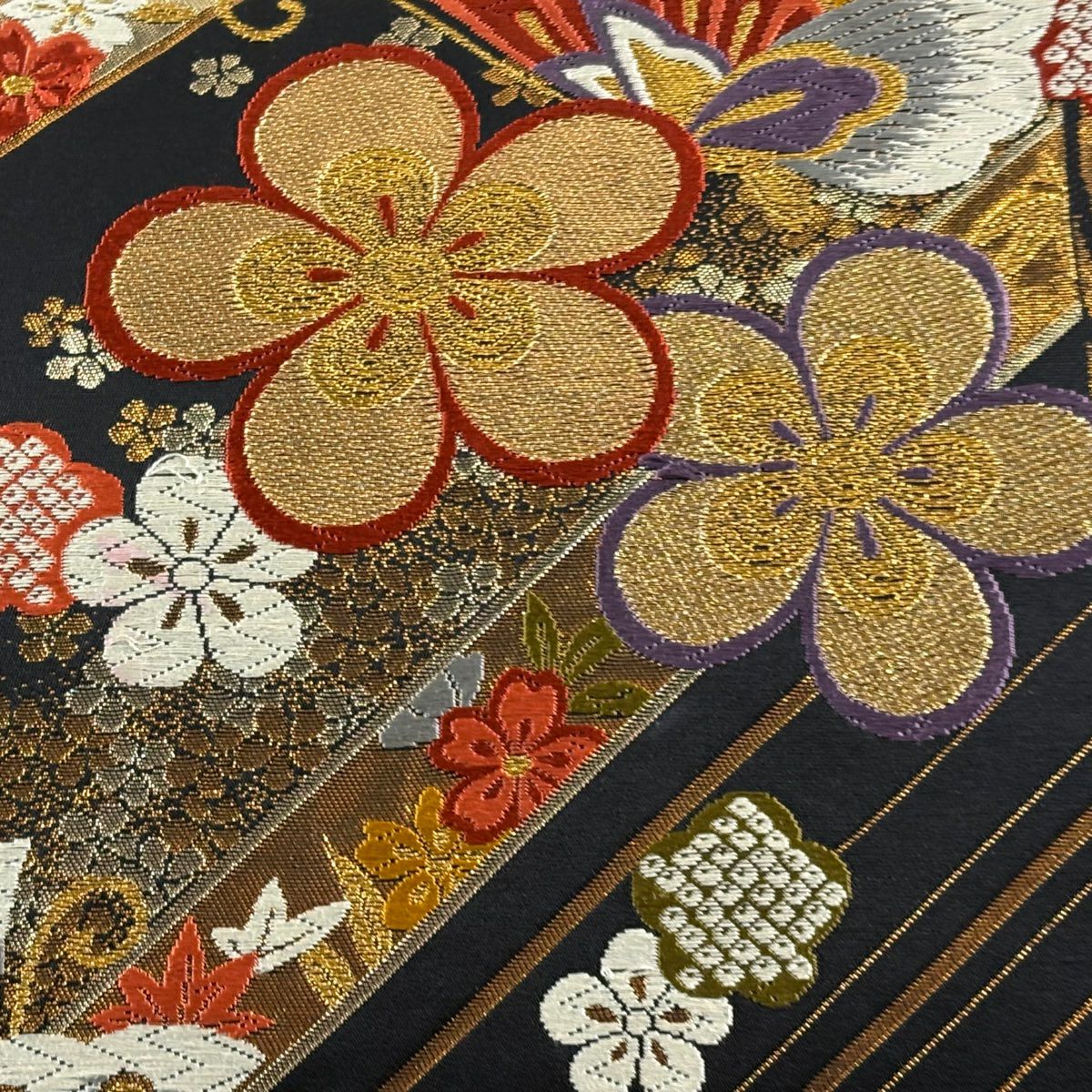 袋帶 秀品級 關西仕立 雛蝶 花 金金箔 金絲 黑 六通 純蠶絲