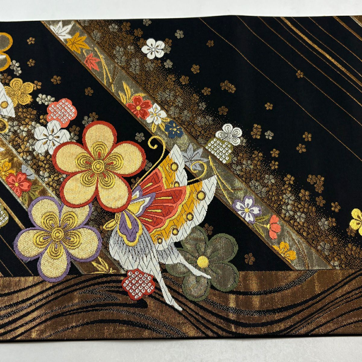 袋帶 秀品級 關西仕立 雛蝶 花 金金箔 金絲 黑 六通 純蠶絲