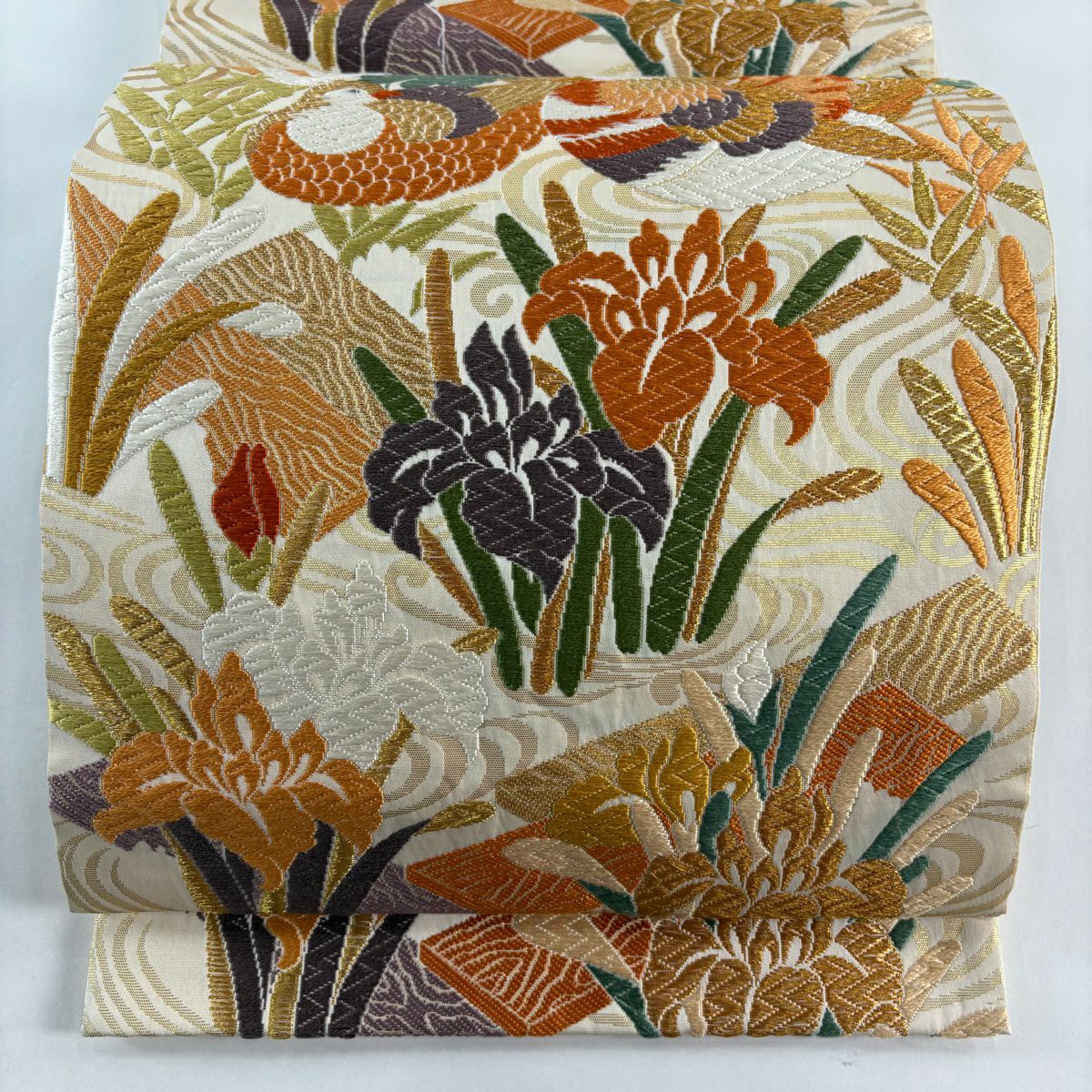 袋帶 秀品級 鴛鴦 菖蒲 金絲 刺繡 米色 六通 純蠶絲