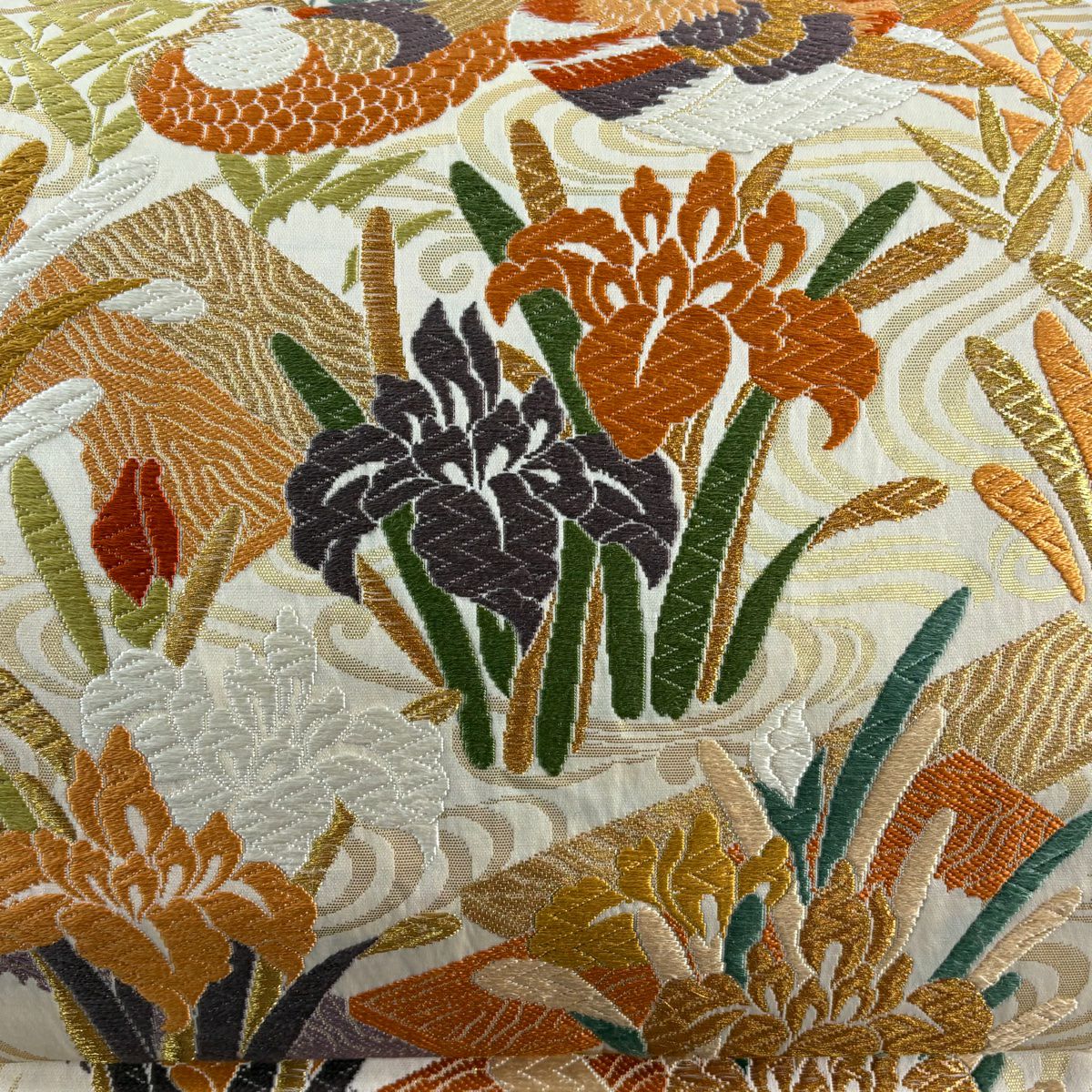 袋帶 秀品級 鴛鴦 菖蒲 金絲 刺繡 米色 六通 純蠶絲