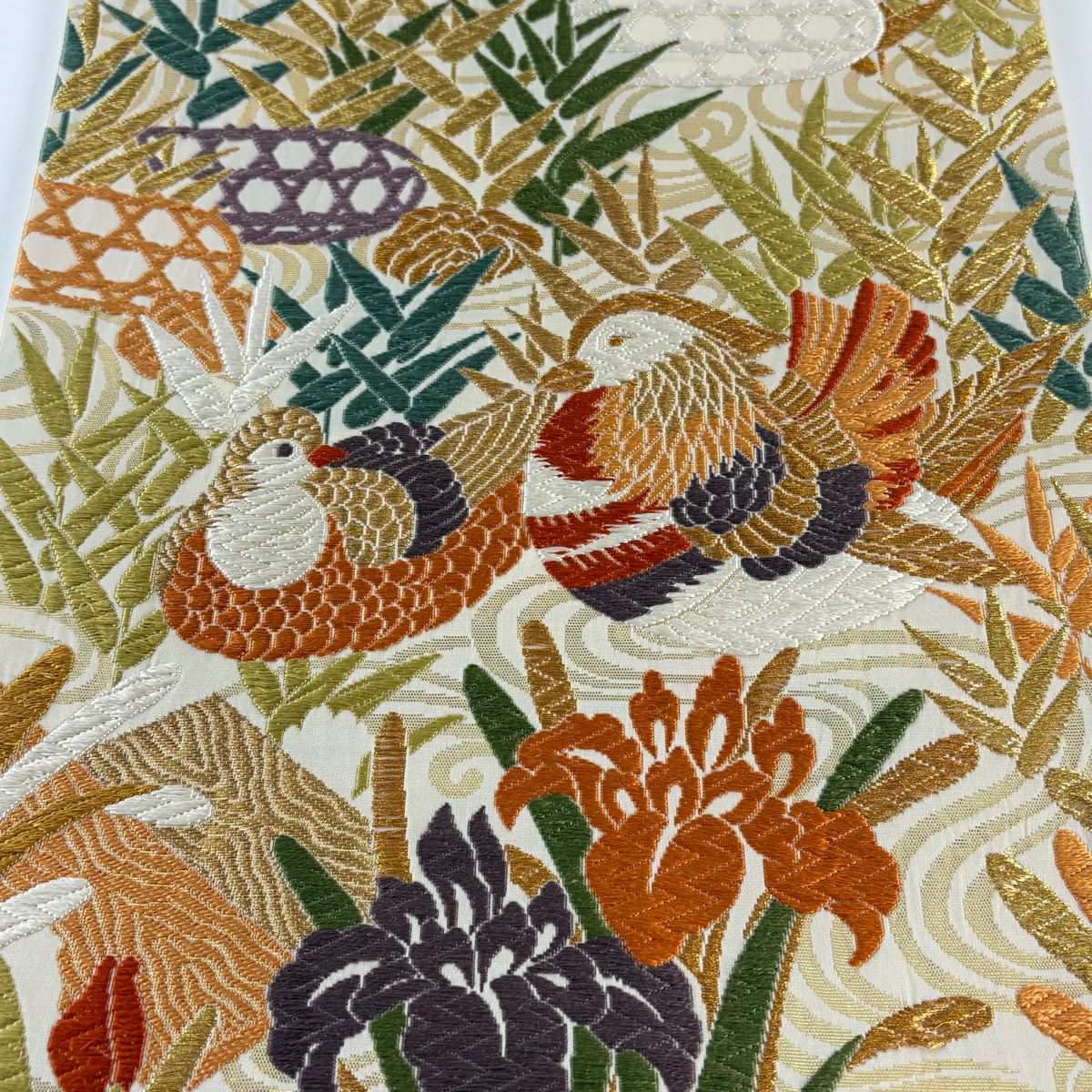 袋帶 秀品級 鴛鴦 菖蒲 金絲 刺繡 米色 六通 純蠶絲