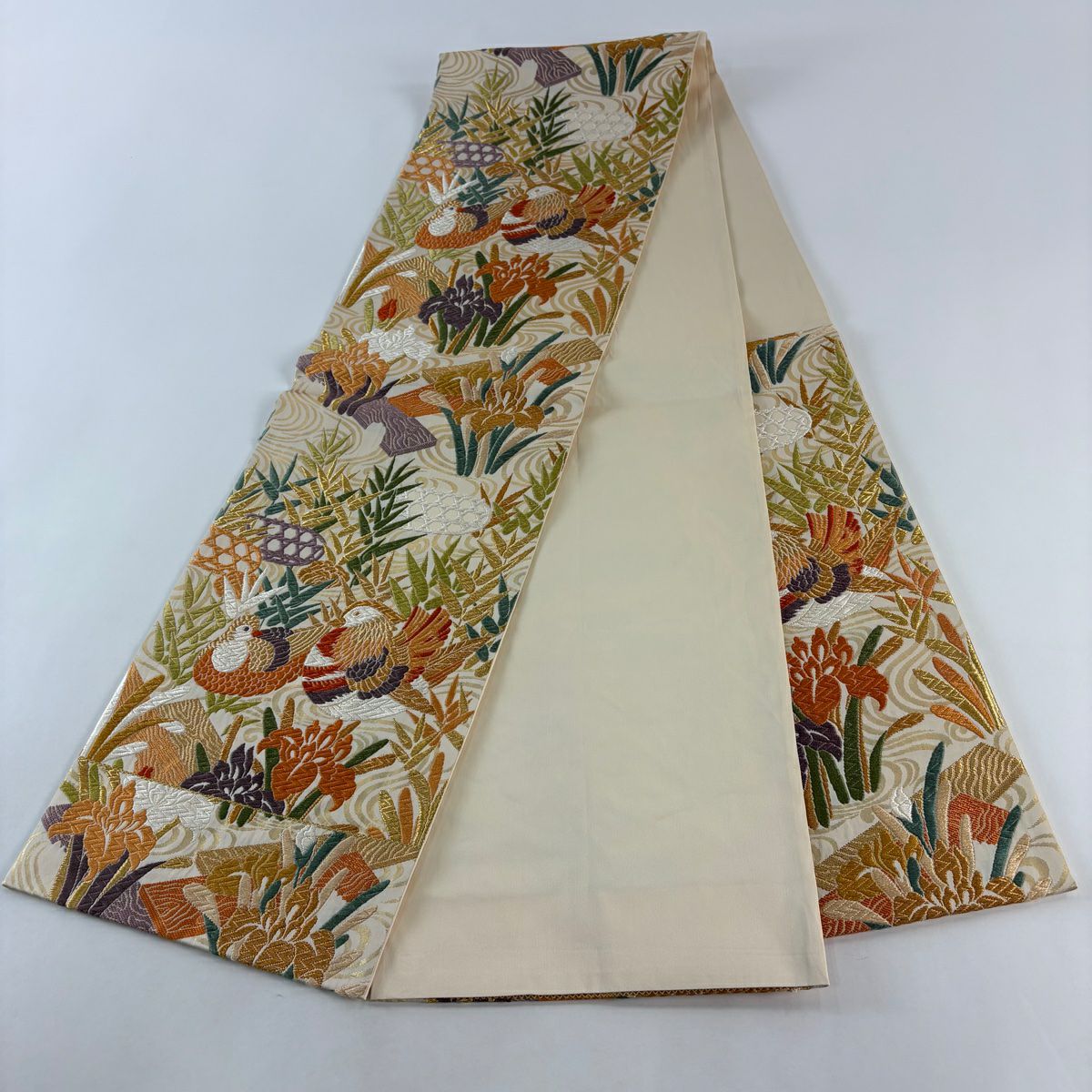 袋帶 秀品級 鴛鴦 菖蒲 金絲 刺繡 米色 六通 純蠶絲
