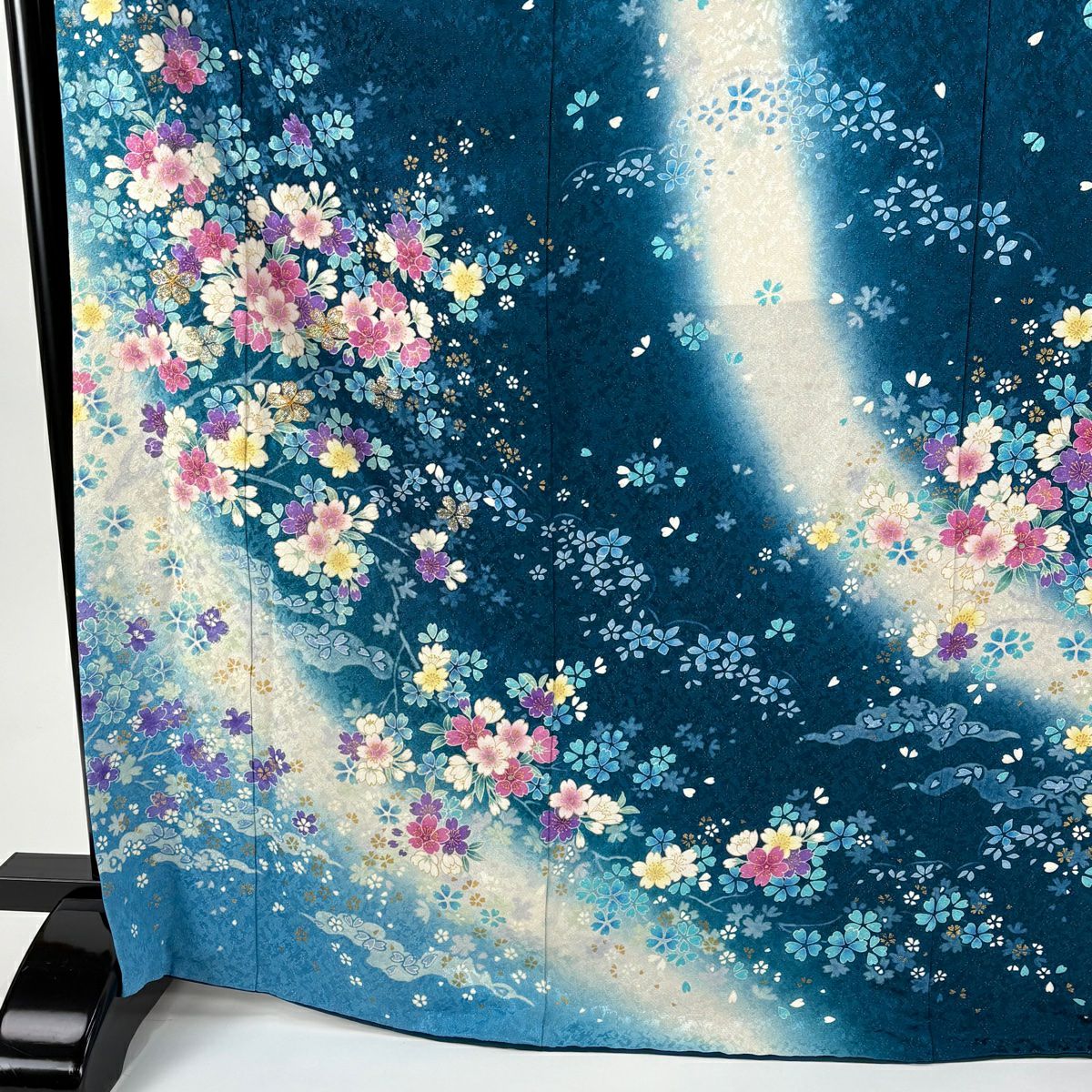 【美品】振袖禮服 身長169.5cm 袖長70cm L 雙層 櫻花 霞 金通し 金金箔 青綠 純蠶絲 逸品級