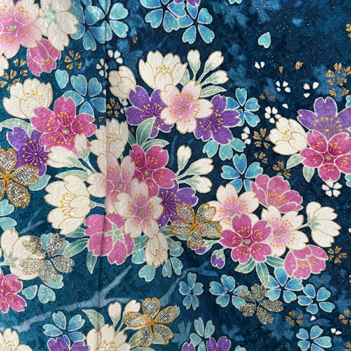 【美品】振袖禮服 身長169.5cm 袖長70cm L 雙層 櫻花 霞 金通し 金金箔 青綠 純蠶絲 逸品級