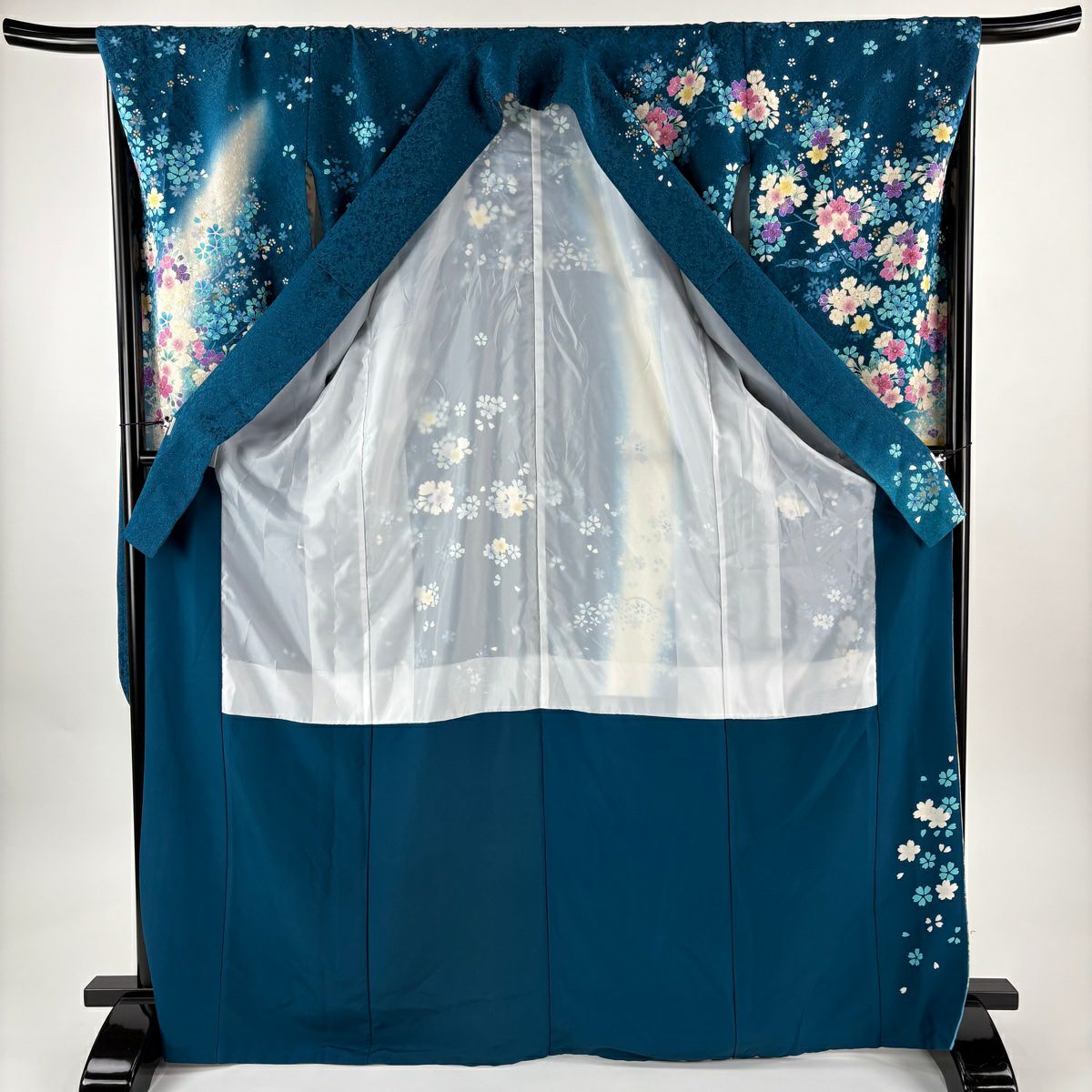 【美品】振袖禮服 身長169.5cm 袖長70cm L 雙層 櫻花 霞 金通し 金金箔 青綠 純蠶絲 逸品級