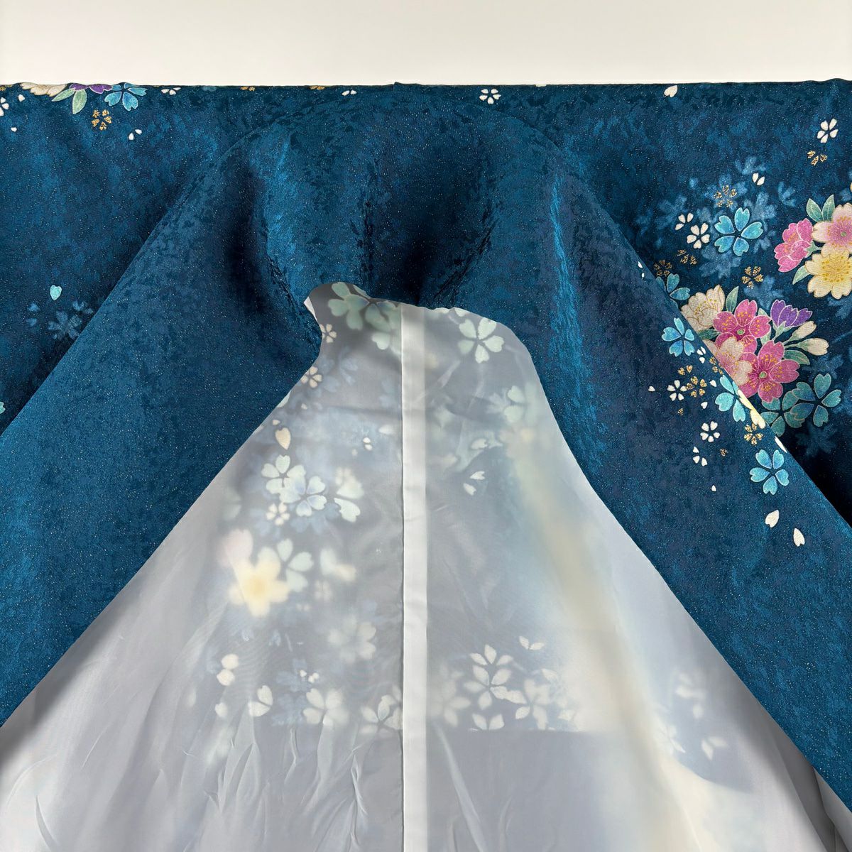 【美品】振袖禮服 身長169.5cm 袖長70cm L 雙層 櫻花 霞 金通し 金金箔 青綠 純蠶絲 逸品級