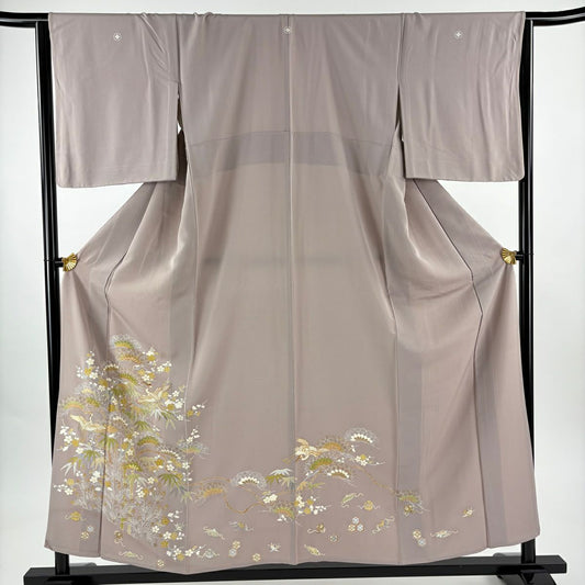 色留袖禮服 身長155.5cm 袖長65.5cm M 單層 千總 落款あり 松樹竹子梅花 仙鶴 金金箔 金銀彩 灰紫 純蠶絲 逸品級 三つ紋