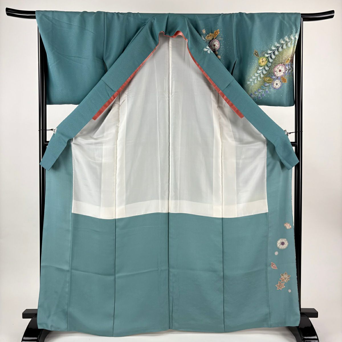 訪問服 身長167.5cm 袖長68cm L 雙層 吉乃一廉 落款あり 辻花染 銀通し 漸層 青綠 純蠶絲 逸品級