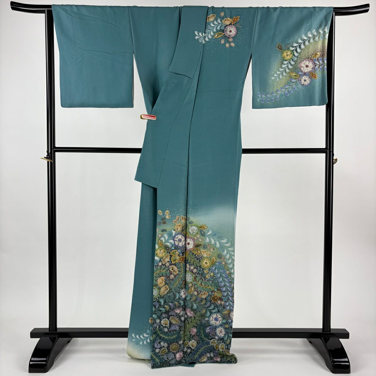 訪問服 身長167.5cm 袖長68cm L 雙層 吉乃一廉 落款あり 辻花染 銀通し 漸層 青綠 純蠶絲 逸品級