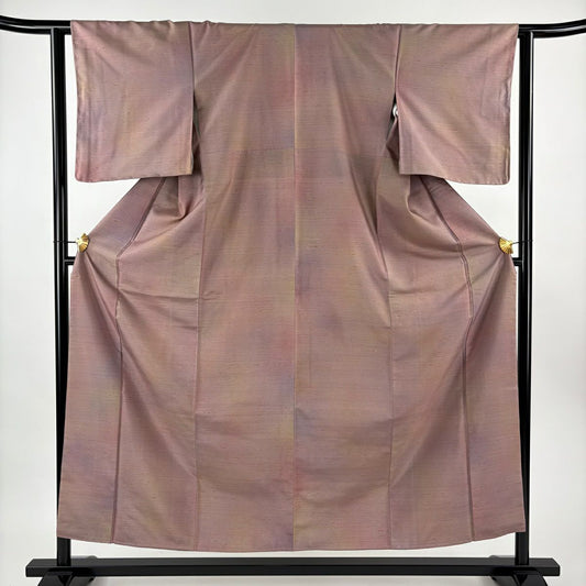 【美品】 小紋 身長154cm 袖長63cm S 雙層 牛首紬織織地 證書あり 縞 ぼかし 小豆 純蠶絲 逸品級