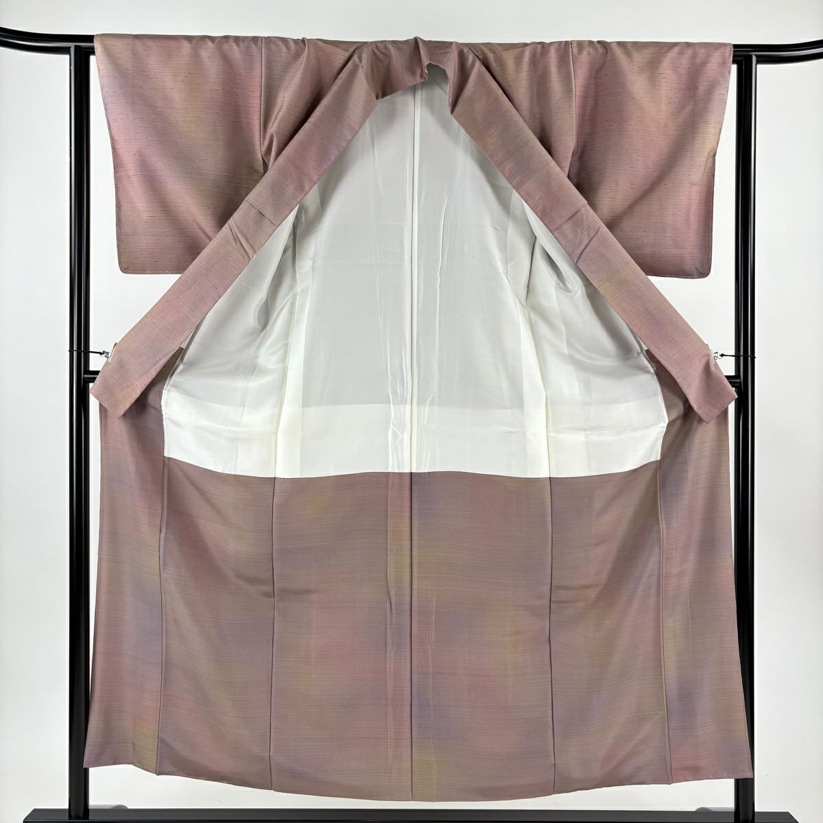 【美品】 小紋 身長154cm 袖長63cm S 雙層 牛首紬織織地 證書あり 縞 ぼかし 小豆 純蠶絲 逸品級