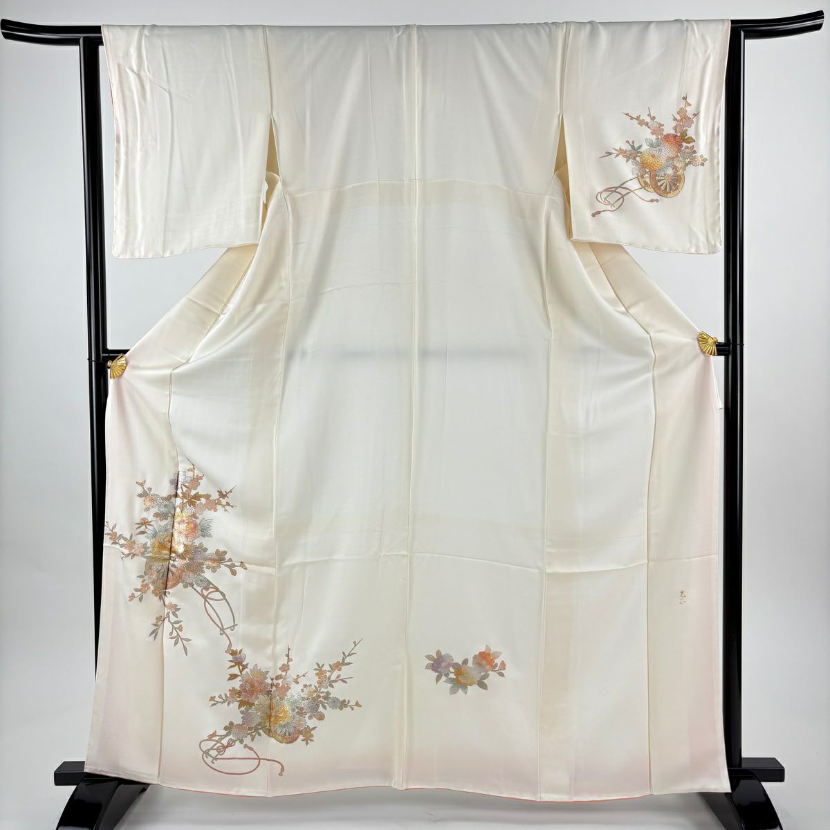 【美品】 付下 身長164.5cm 袖長63.5cm S 雙層 和田光正 落款 花車 牡丹 金銀彩 奶油色 純蠶絲 逸品級