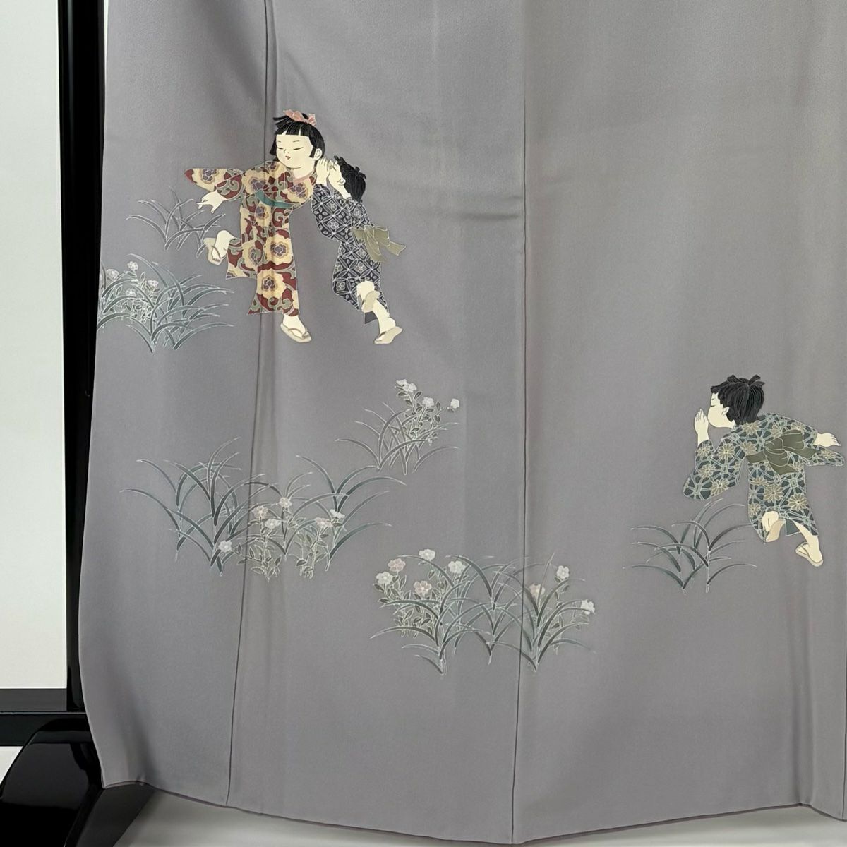付下 身長167cm 袖長65cm M 雙層 關口遼一 ますいわ屋 有落款 童 草花紋 灰 純蠶絲 逸品級 一つ紋
