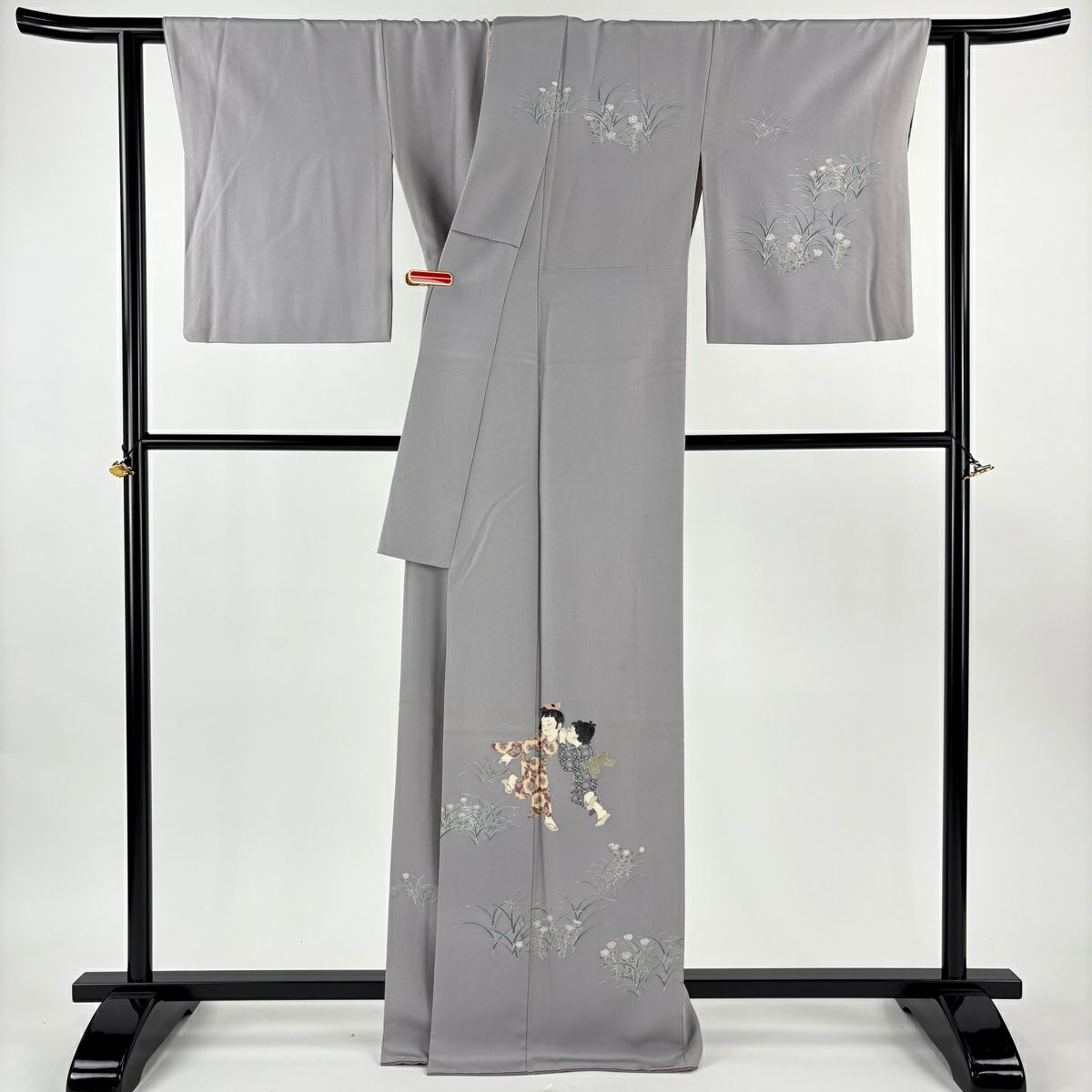 付下 身長167cm 袖長65cm M 雙層 關口遼一 ますいわ屋 有落款 童 草花紋 灰 純蠶絲 逸品級 一つ紋