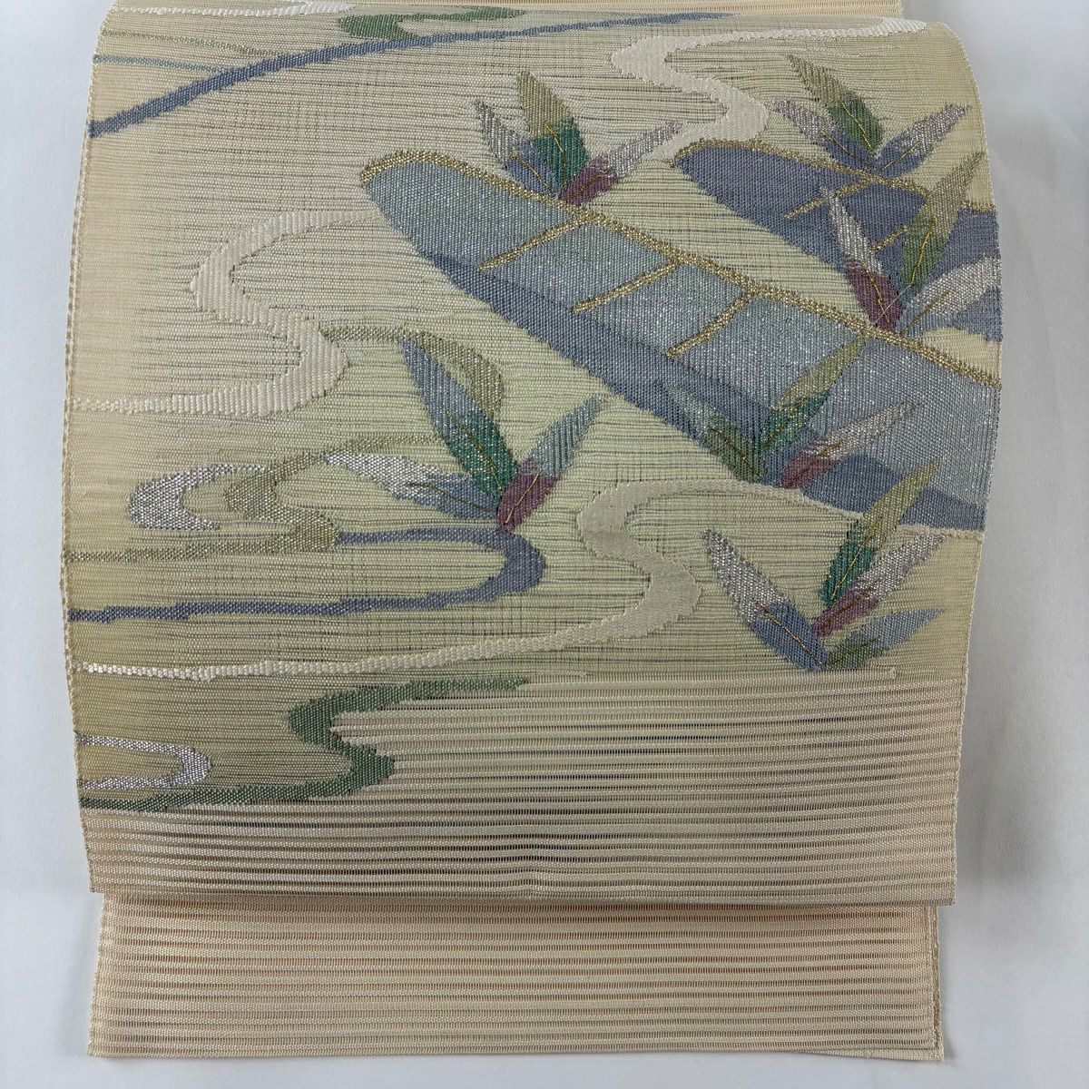 【美品】 名古屋帶 秀品級 夏帶 絽 八寸名古屋帶 舟 流水 金銀彩 金金箔 抹茶 純蠶絲