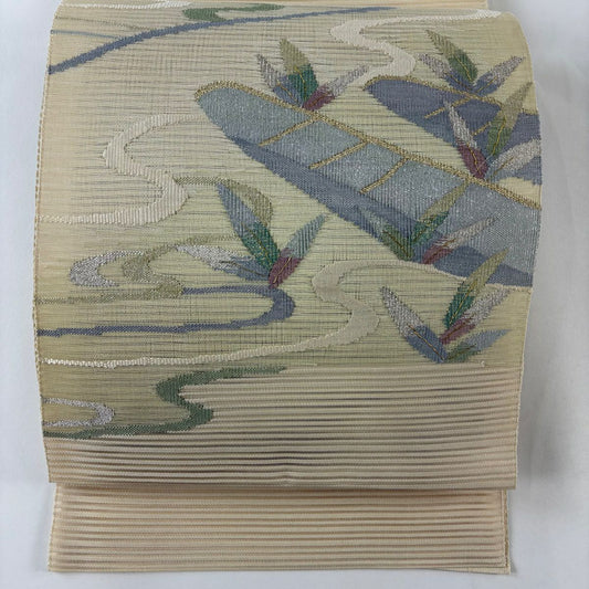 【美品】 名古屋帶 秀品級 夏帶 絽 八寸名古屋帶 舟 流水 金銀彩 金金箔 抹茶 純蠶絲