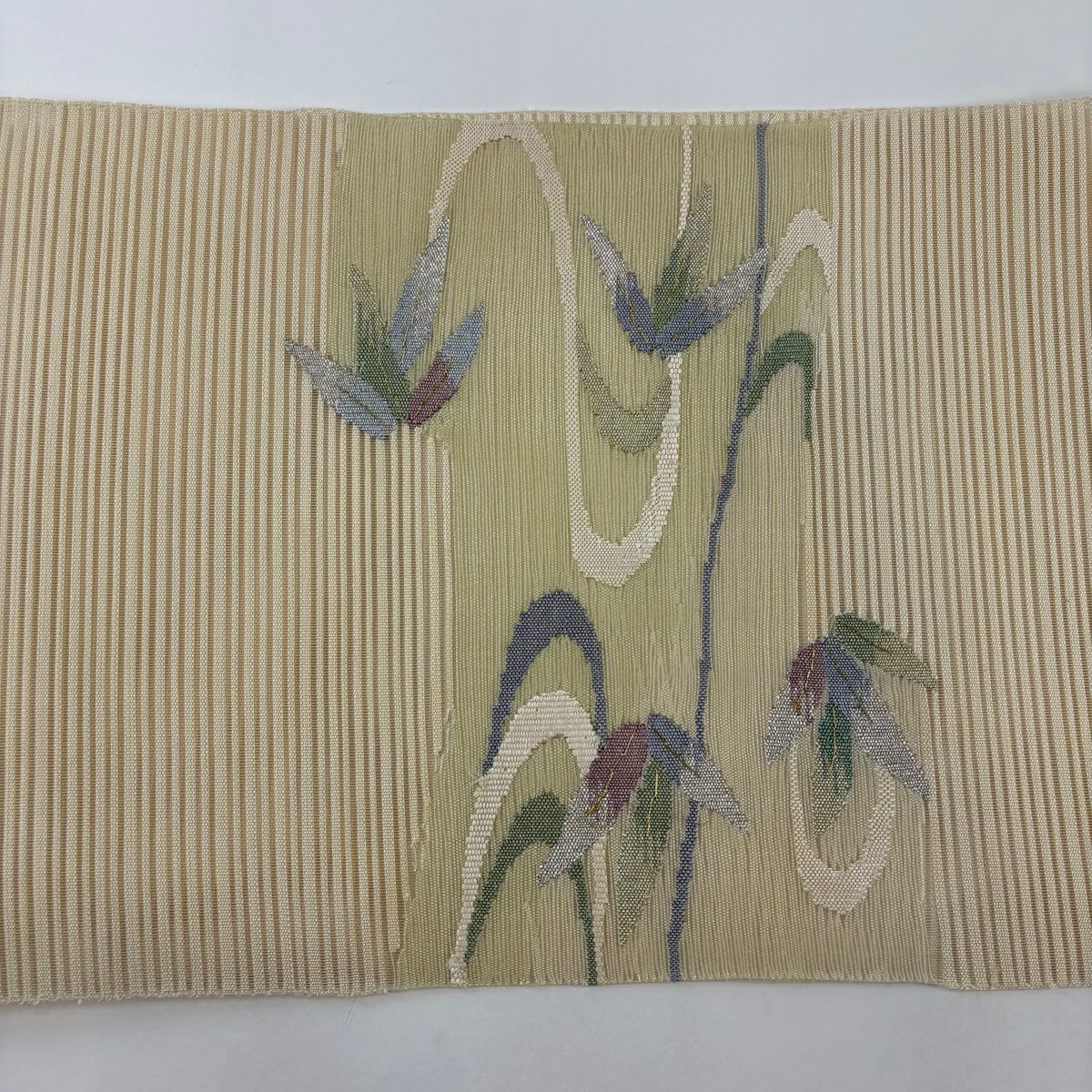 【美品】 名古屋帶 秀品級 夏帶 絽 八寸名古屋帶 舟 流水 金銀彩 金金箔 抹茶 純蠶絲
