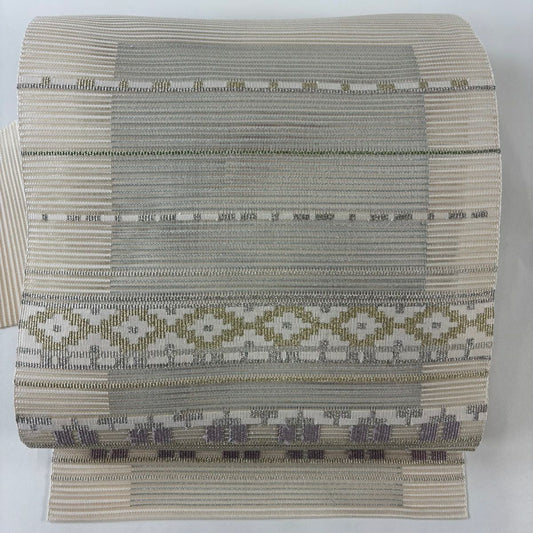 【美品】名古屋帶 秀品級 夏帶 絽 八寸名古屋帶 縞 幾何學 金銀彩 灰色 純蠶絲