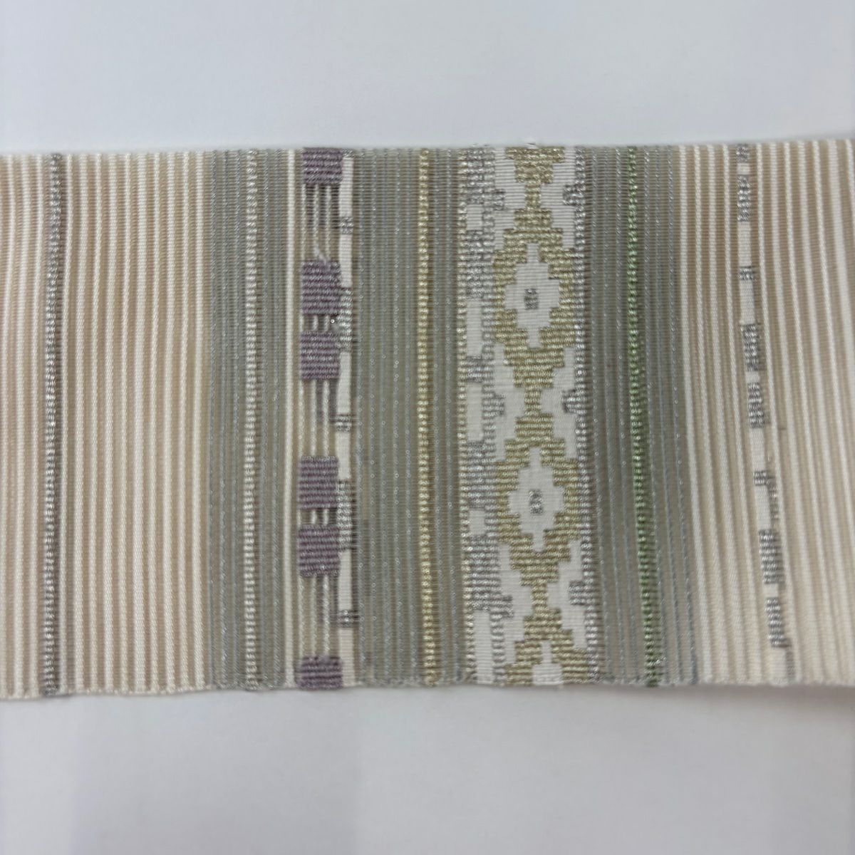 【美品】名古屋帶 秀品級 夏帶 絽 八寸名古屋帶 縞 幾何學 金銀彩 灰色 純蠶絲