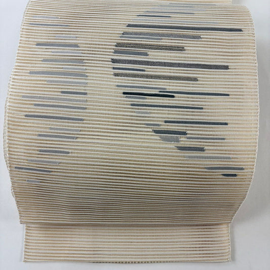 【美品】名古屋帶 秀品級 夏帶 絽 八寸名古屋帶 松樹葉仕立 雜紋 銀線 米色 純蠶絲