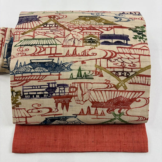 【美品】名古屋帶 秀品級 紬織織 建築物 観世水 米色 純蠶絲