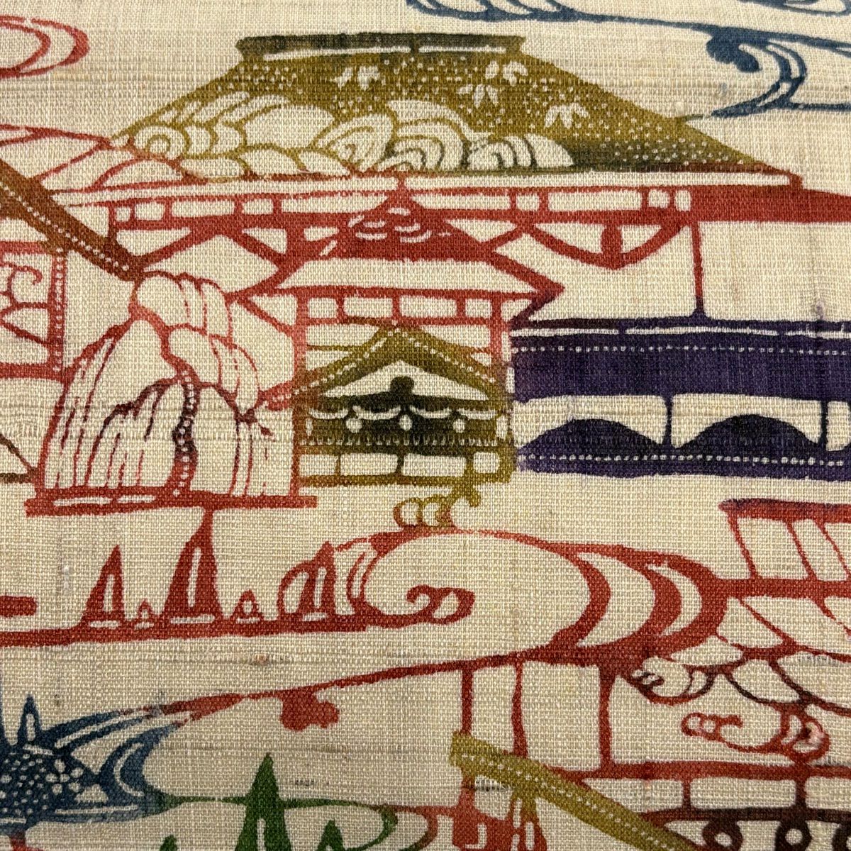 【美品】名古屋帶 秀品級 紬織織 建築物 観世水 米色 純蠶絲
