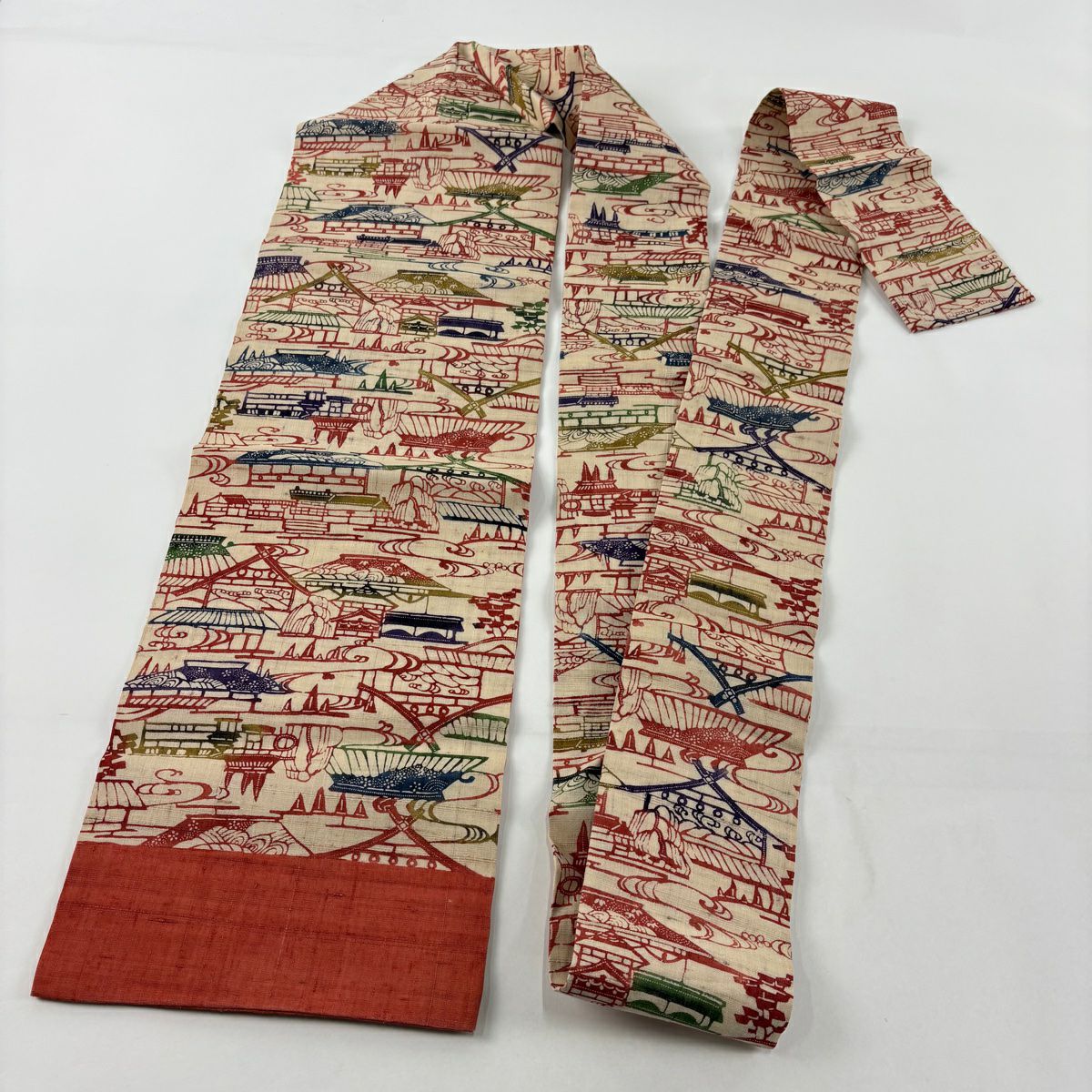 【美品】名古屋帶 秀品級 紬織織 建築物 観世水 米色 純蠶絲
