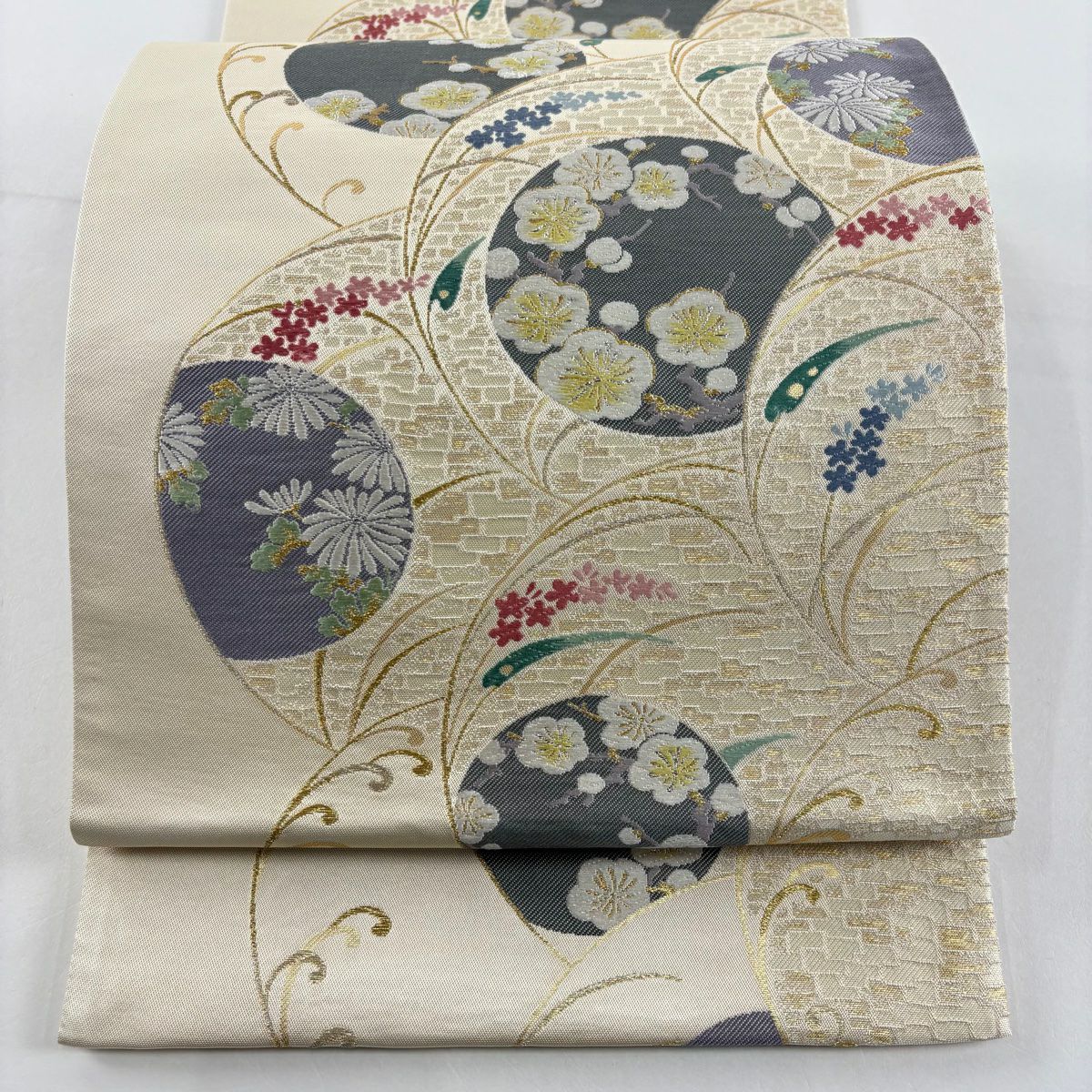 【美品】 袋帶 秀品級 新橋圓文 枝梅花 金絲 金金箔 米色 六通 純蠶絲