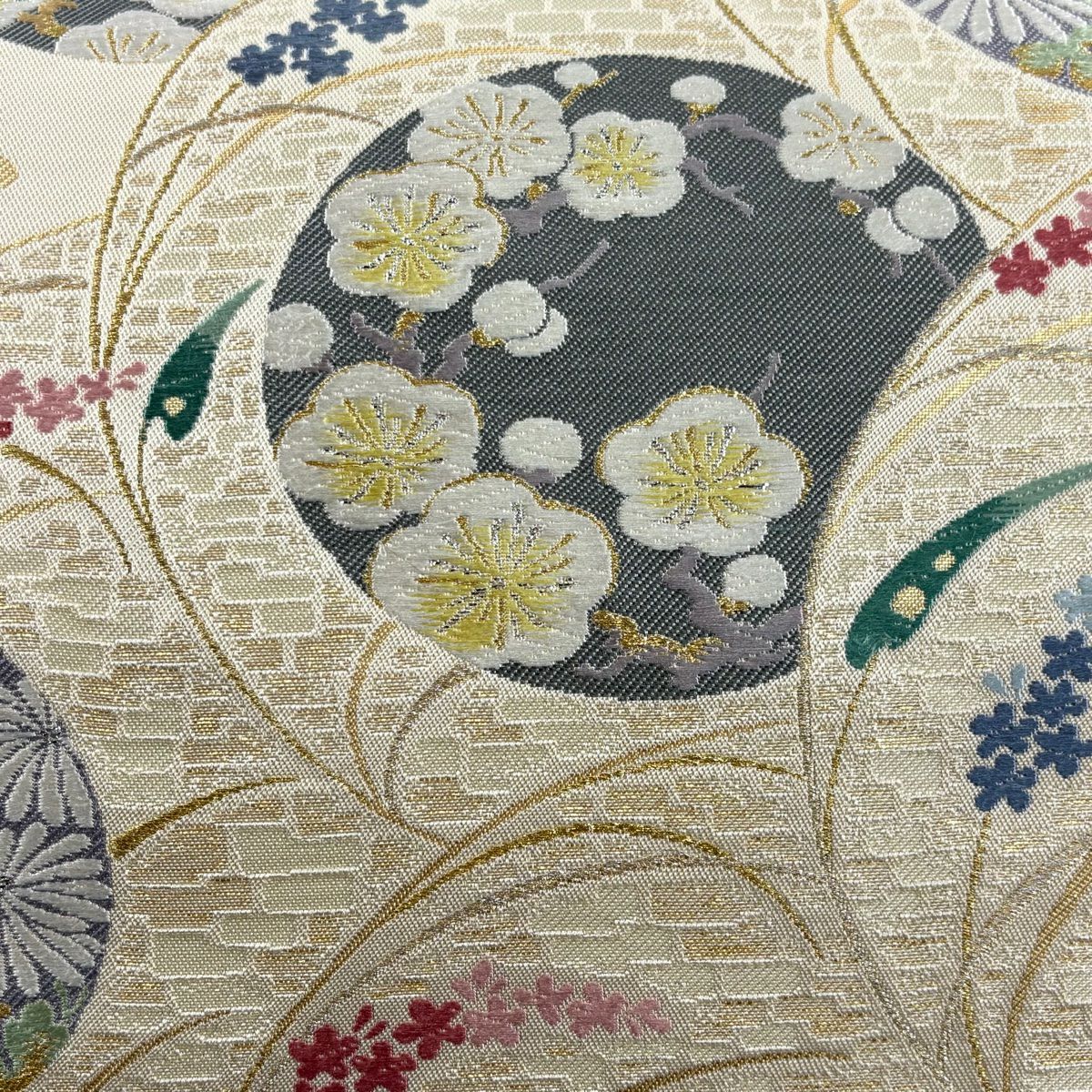 【美品】 袋帶 秀品級 新橋圓文 枝梅花 金絲 金金箔 米色 六通 純蠶絲