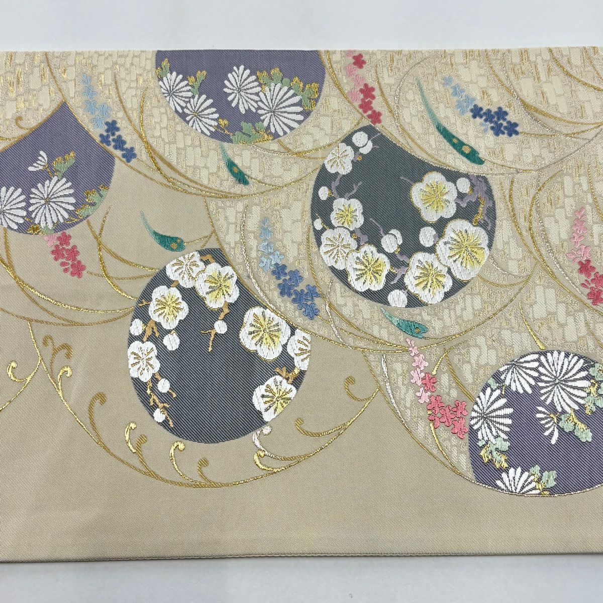 【美品】 袋帶 秀品級 新橋圓文 枝梅花 金絲 金金箔 米色 六通 純蠶絲