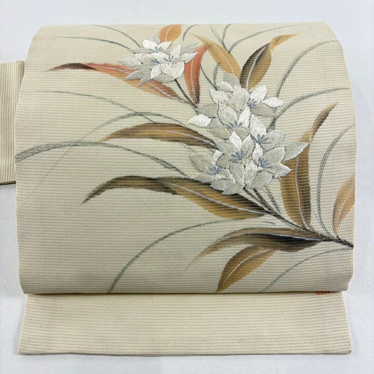 名古屋帶 秀品級 附有落款 夏帶 絽 草花紋刺繡 米色 純蠶絲