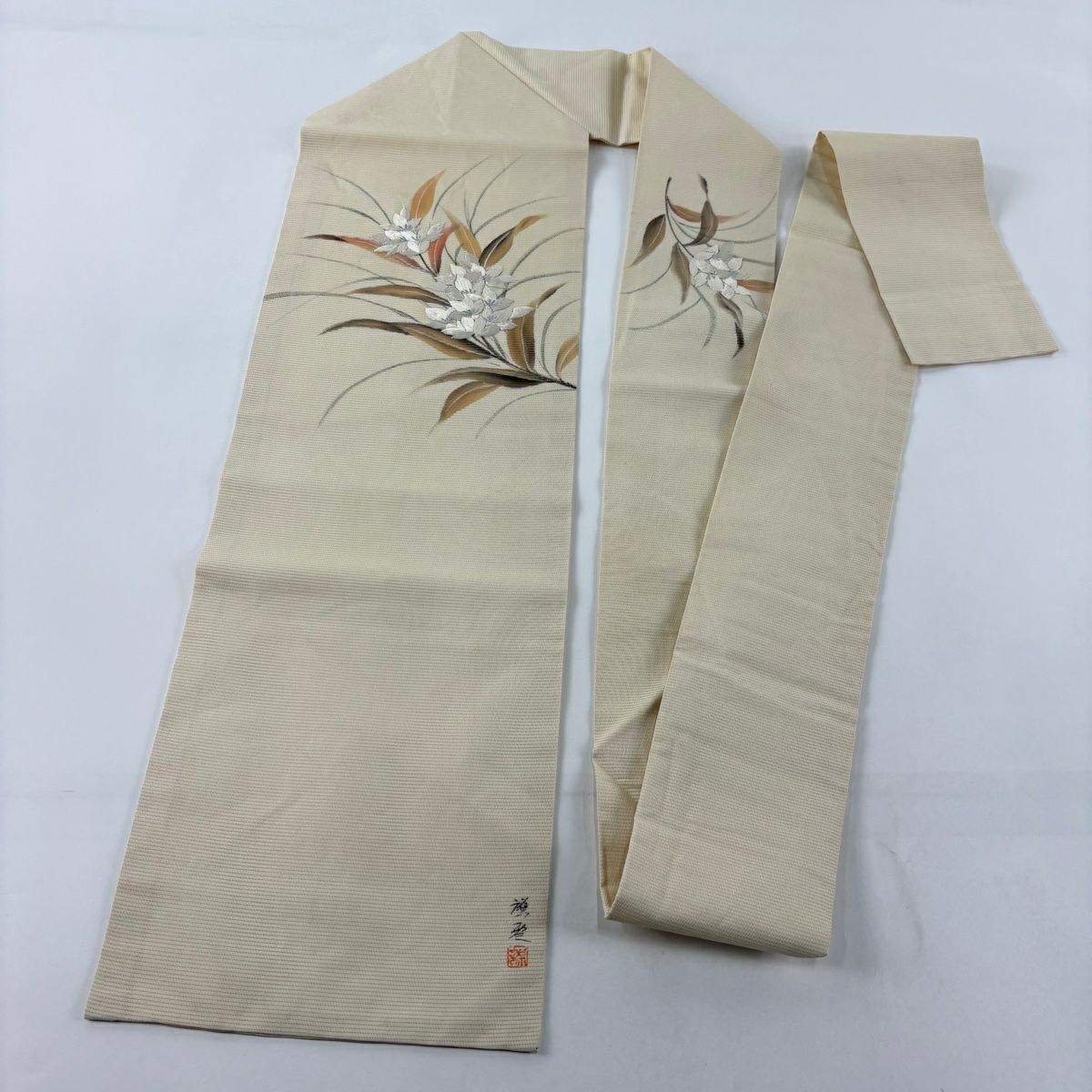 名古屋帶 秀品級 附有落款 夏帶 絽 草花紋刺繡 米色 純蠶絲