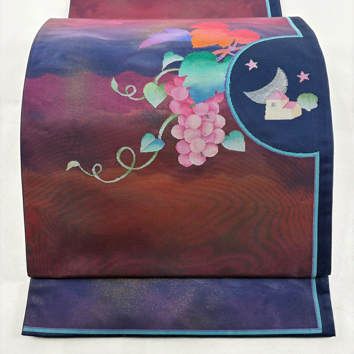 【美品】 袋帶 秀品級 葡萄 月 金金箔 金銀彩 紅紫 お太鼓圖案 純蠶絲