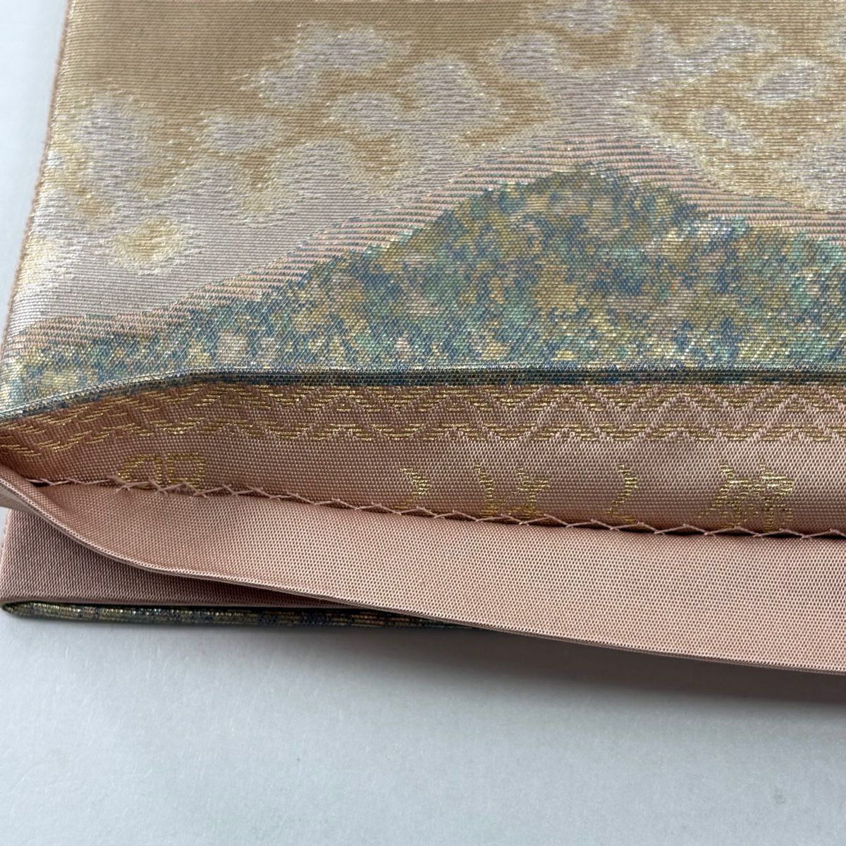 袋帶 秀品級 服部織物 附落款 琥珀錦 連峰 金銀線 金金箔 粉米色 六通 純蠶絲