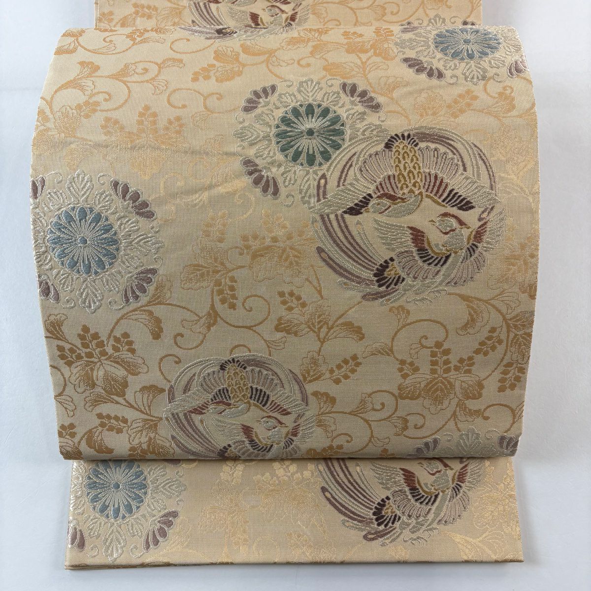 【美品】 袋帶 秀品級 向鳥 華紋 刺繡 金金箔 淺橙 六通 純蠶絲
