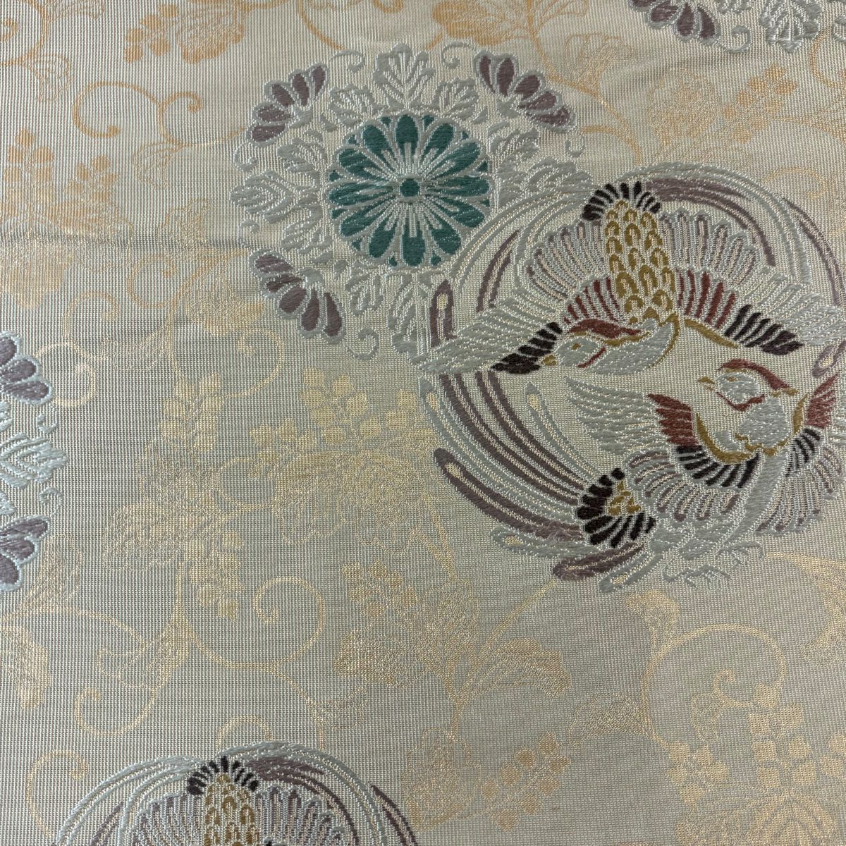 【美品】 袋帶 秀品級 向鳥 華紋 刺繡 金金箔 淺橙 六通 純蠶絲