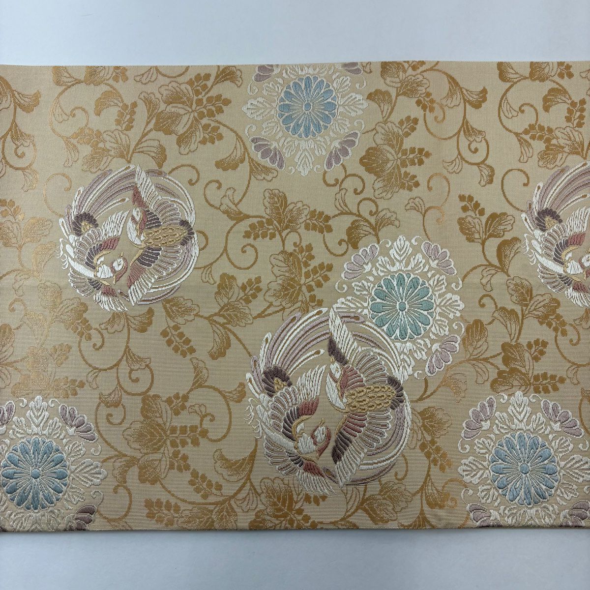 【美品】 袋帶 秀品級 向鳥 華紋 刺繡 金金箔 淺橙 六通 純蠶絲